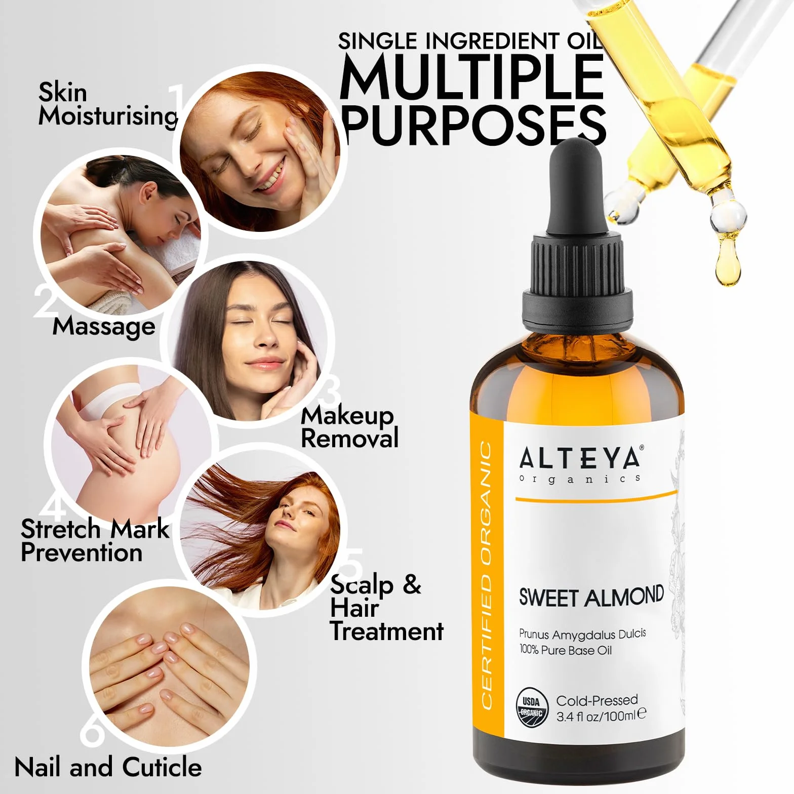 Alteya Organiczny olejek ze słodkich migdałów 100 ml - 100% certyfikowany przez USDA Organiczny naturalny olej nośny ze słodkich migdałów tłoczonych na zimno