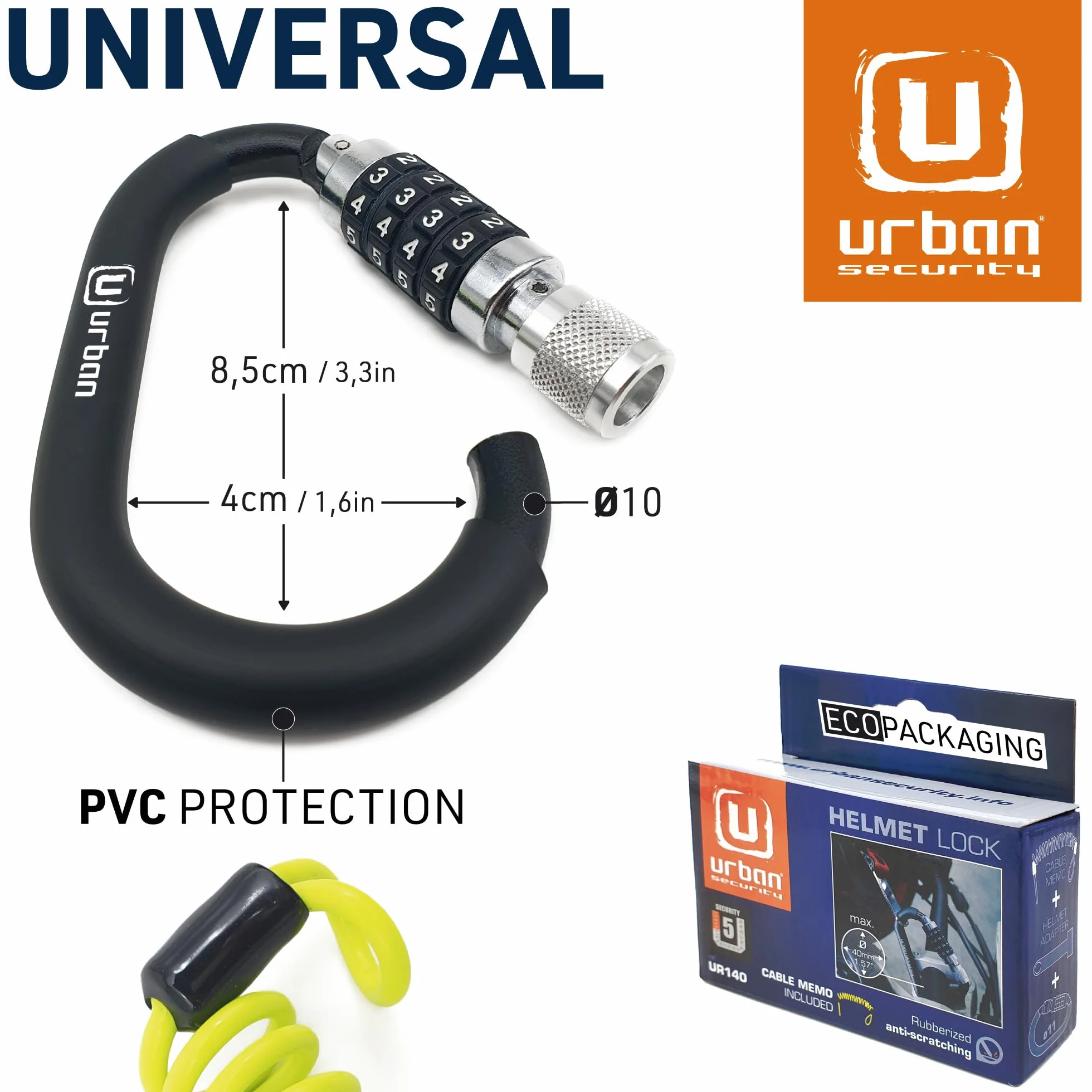 URBAN UR140 Kłódka do Kasku Motocyklowego z Kodem Zabezpieczającym, Stalowa Linka + Adapter
