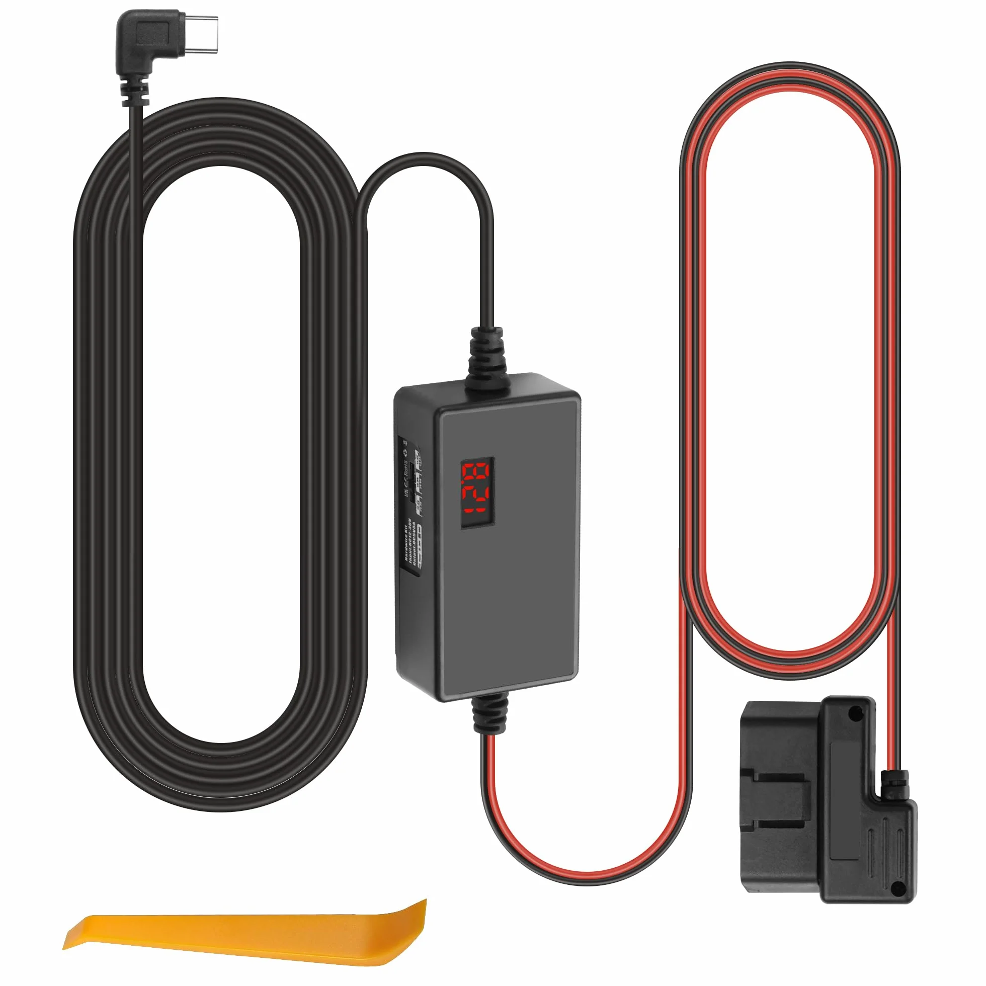 MEIRIYFA Kabel zasilający OBD OBD2 do kamery samochodowej, kabel do ładowania OBD2 na USB C, 24-godzinny nadzór, typ C, 16-pinowy, OBDII, zestaw Hardwire, kabel do ładowarki do kamery samochodowej GPS