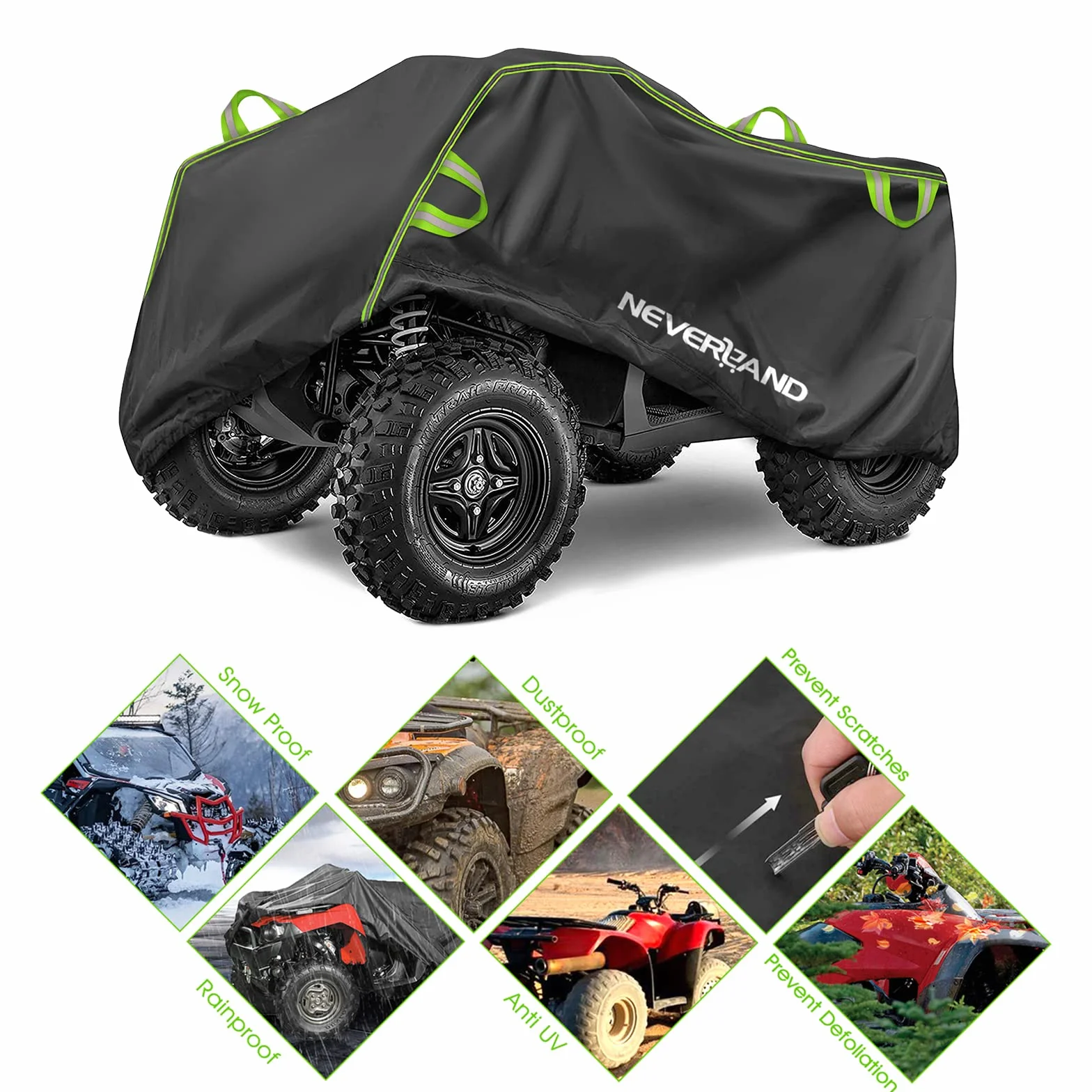 NEVERLAND Pokrowiec na ATV, wodoodporny, na zewnątrz, wytrzymały pokrowiec na 4 koła z odblaskowymi paskami, ochrona przed wiatrem, śniegiem, ochrona przed promieniowaniem UV, pyłoszczelna osłona