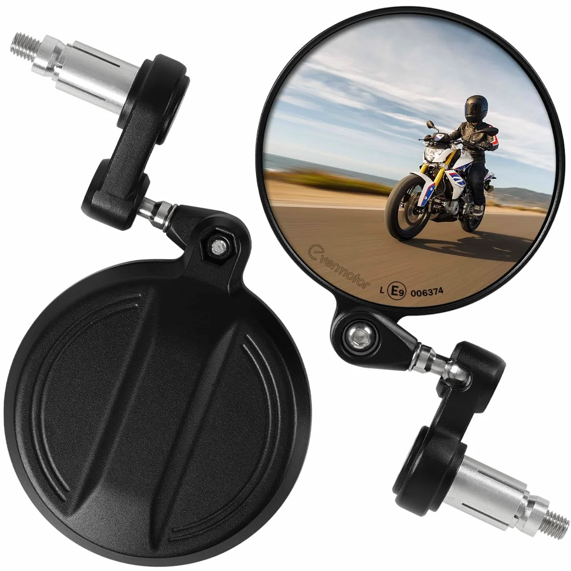 Evermotor Lusterko na kierownicę z certyfikatem E, obracane o 360°, ze stopu aluminium, okrągłe lusterko motocyklowe, 7/8" 22 mm, kompatybilne ze skuterem, skuterem, skuterem (2 sztuki)