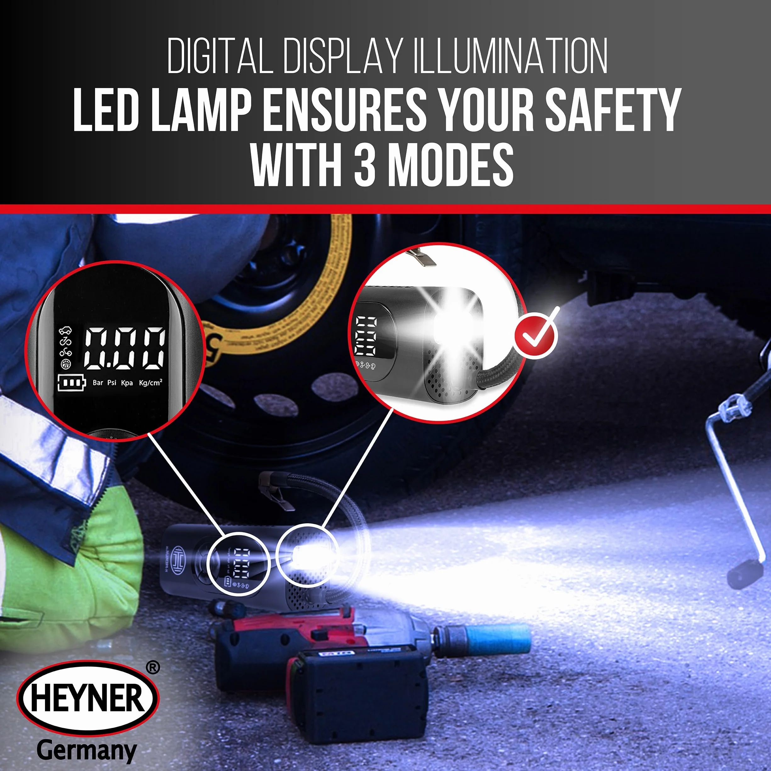 HEYNER® Kompresor z akumulatorem cyfrowym 6000 mAh, sprężarka powietrza 10 bar z funkcją automatycznego zatrzymania, wyświetlaczem LCD, oświetleniem LED, sygnałem SOS i powerbankiem, do samochodu,
