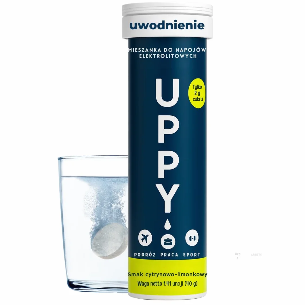 Uppy! Tabletki musujące z elektrolitami do nawadniania, cytryna-limonka z imbirem, 10 tabletek, rozpuszcza się w wodzie, na podróż i sport