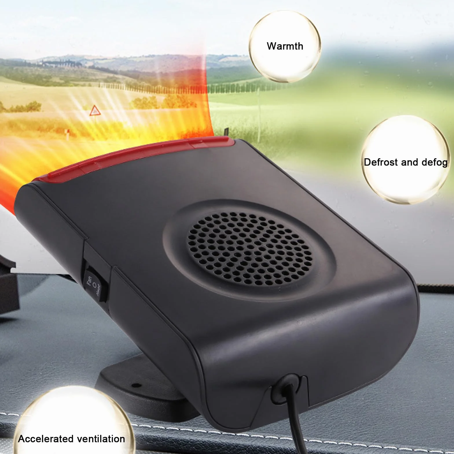 Przenośny Grzejnik Samochodowy, Odmgławiacz i Odmrażacz Przedniej Szyby 12 V 150 W, Wentylator Szybkiego Ogrzewania i Chłodzenia 2 W 1, Podłączenie do Zapalniczki Samochodowej do