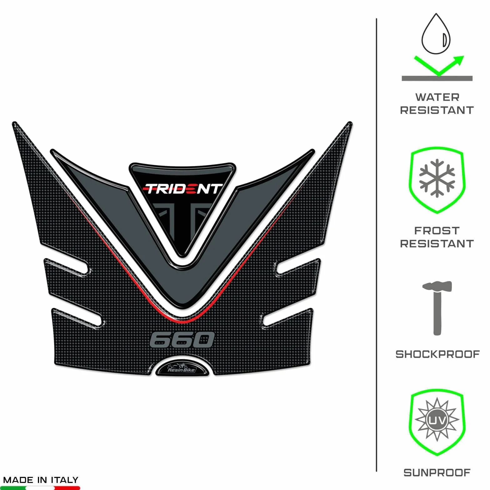 Resin Bike Naklejki Moto kompatybilne z Triumph Trident 660 2021-2025. Chronią Podkładka zbiornika przed uderzeniami i zadrapaniami. Naklejki żywiczne z efektem 3D - wyprodukowane we Włoszech