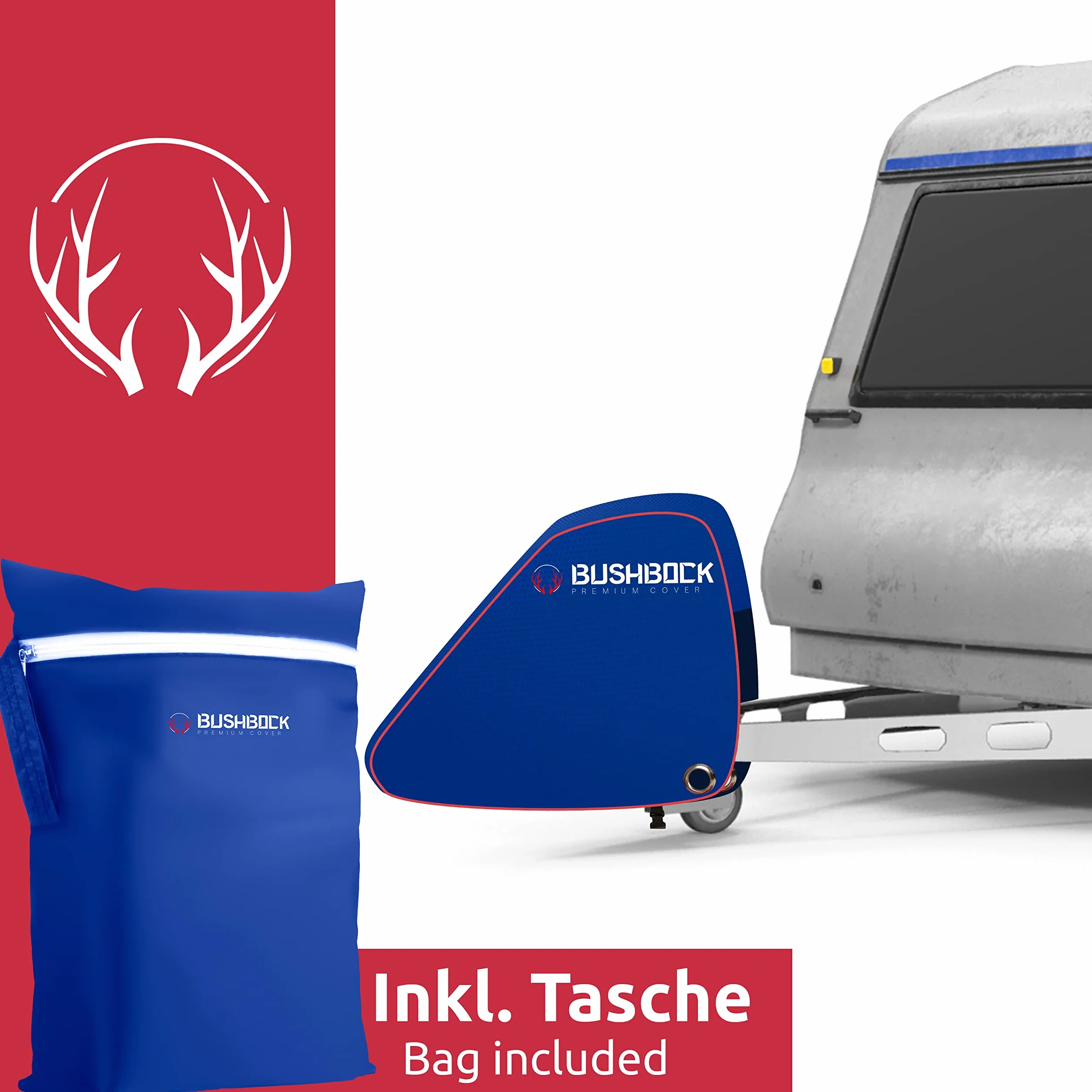 BUSHBOCK® Osłona na dyszel premium z materiału Oxford 600D z powłoką PU i reflektorami. Uniwersalna osłona dyszla - również do przyczep kempingowych/przyczep ze sprzęgłem zapobiegającym i zamkiem skrzynkowym (niebieska)
