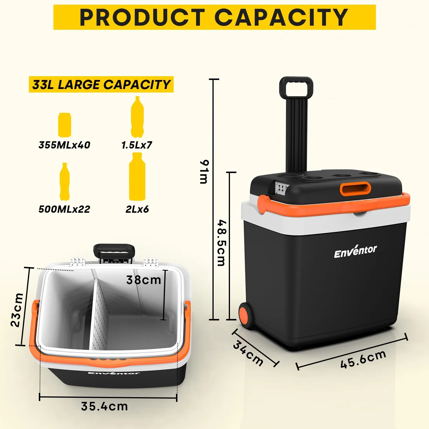 Enventor Lodówka turystyczna 33 L 12V 230V tryb ECO z kółkami i rączką