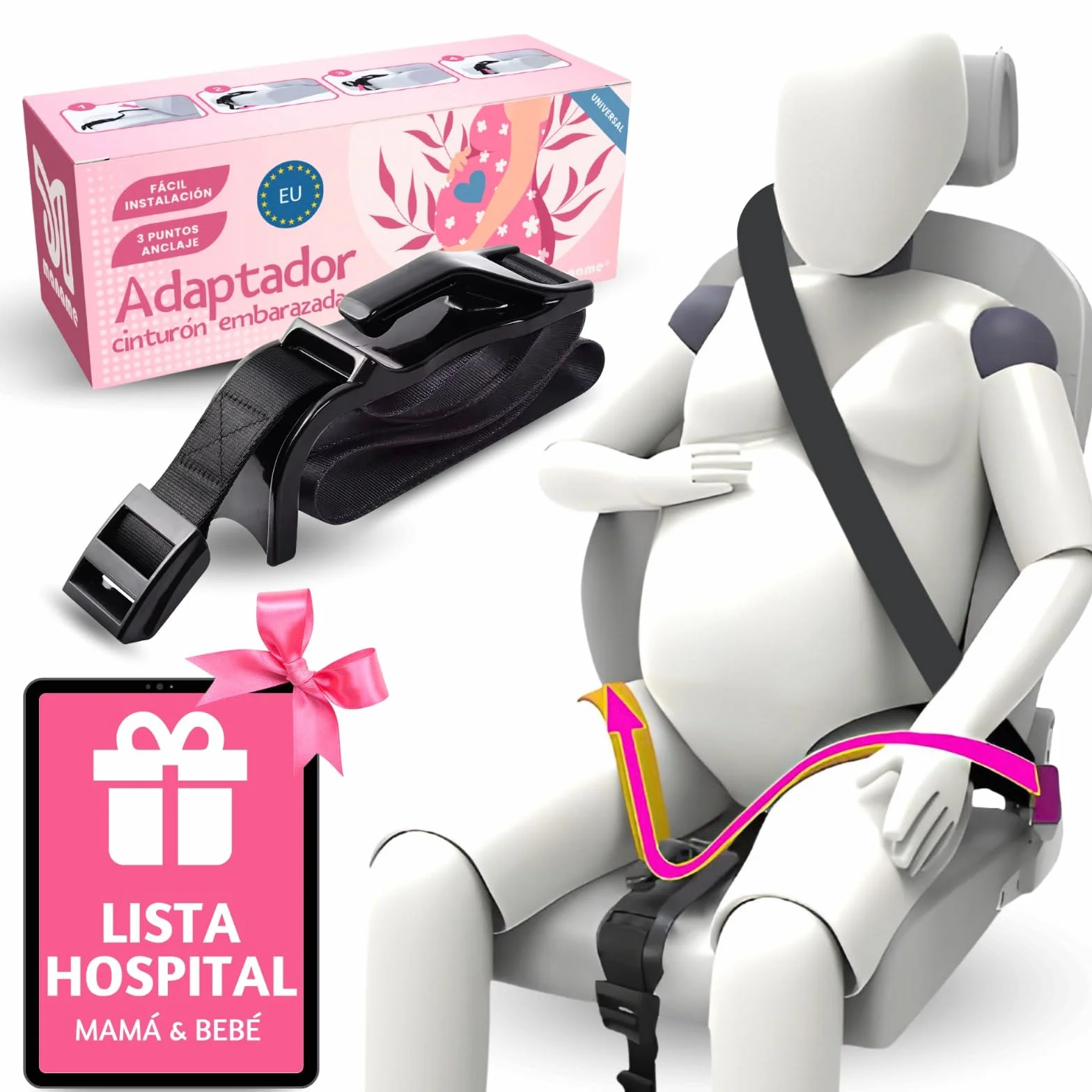 Maname® Pas ciążowy z homologacją samochodu ciężarnego. Adapter pasa ciążowego - Prezenty w ciąży - Pas w ciąży chroni Twoje dziecko w samochodzie przed wstrząsami, naciskiem i ryzykiem