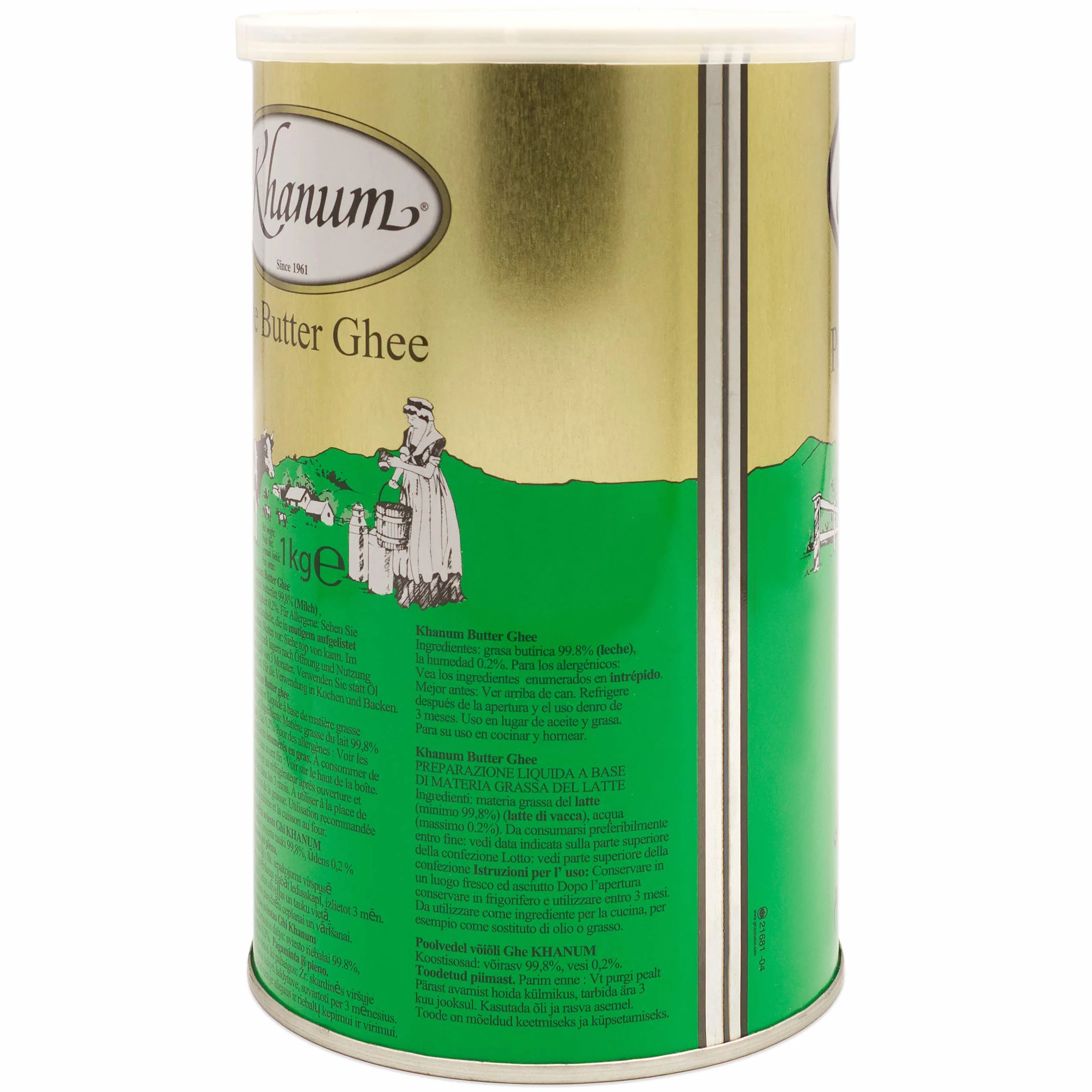 Khanum Pure Butter Ghee - najlepszy tłuszcz do smażenia i gotowania, w zestawie 2 szt. po 1 kg puszka