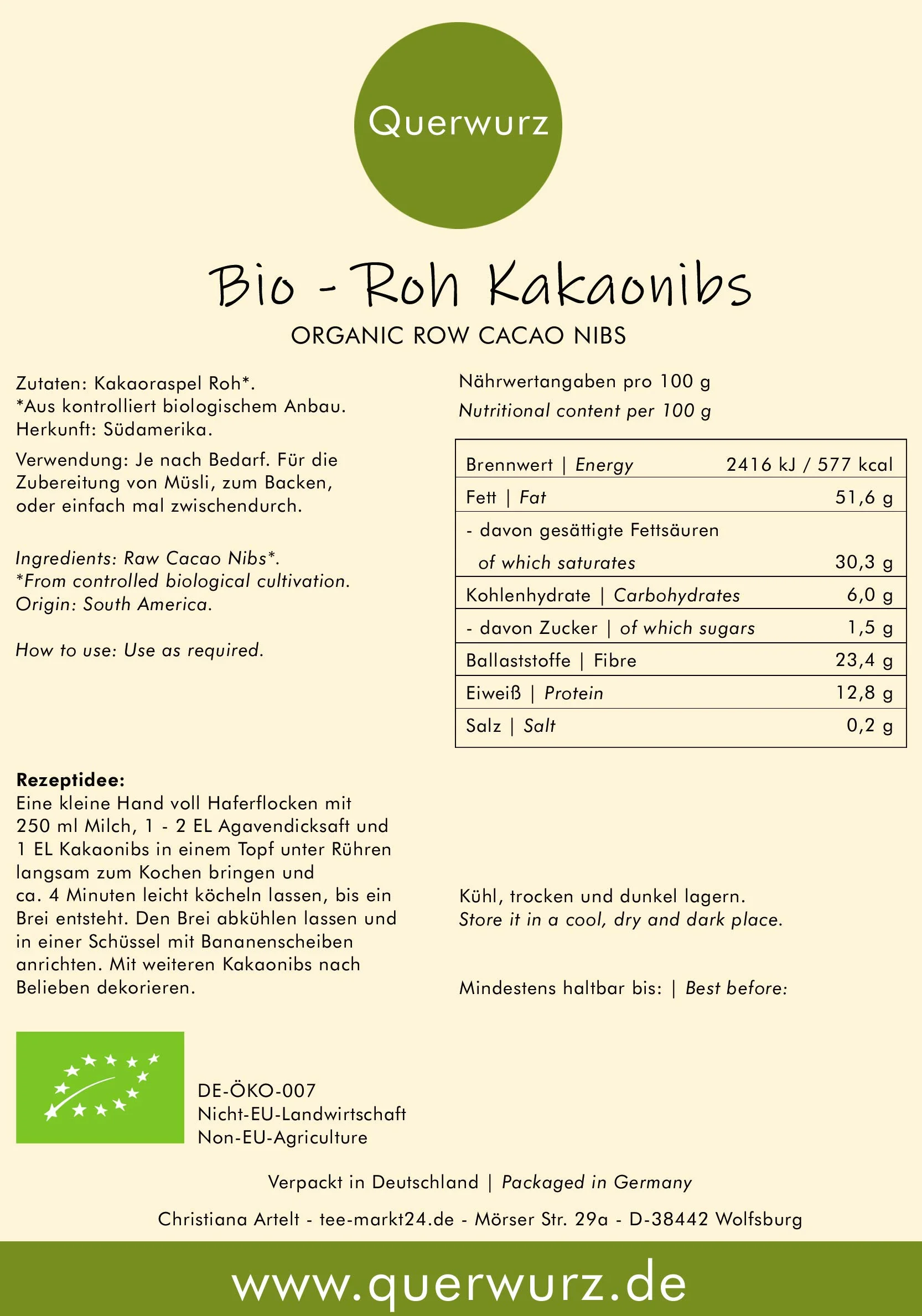 Roh Kakao Nibs Bio - bio kakaonibs - 100% naturalny bez substancji słodzących do musli i gotowania i pieczenia (500 g)