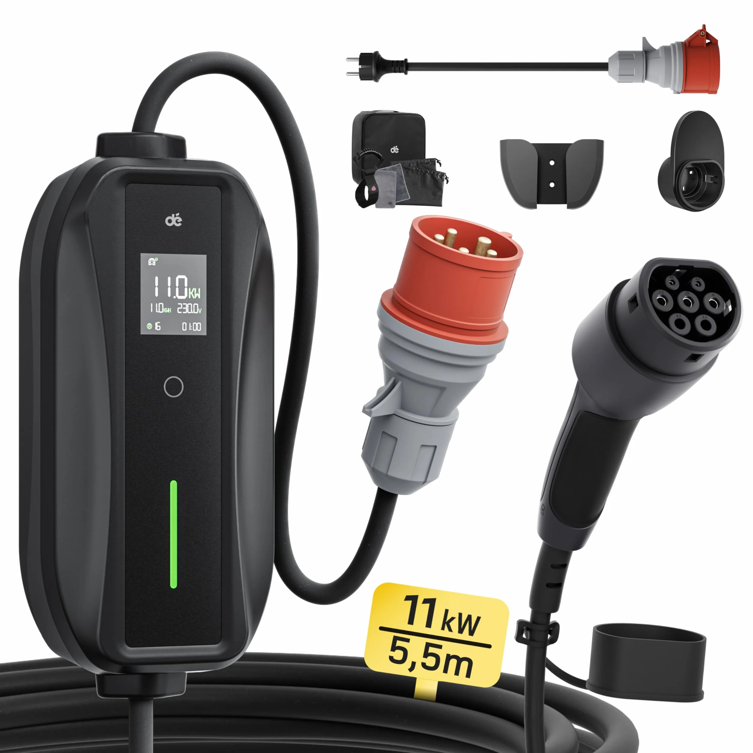 dé Przenośna stacja ładująca 11 kW [3-fazowa | 5,5 m | 6-16 A] z regulowaną mocą ładowania, kabel do ładowania CEE 16A na typ 2 i EV ładowarka do modeli Y/3, ID.3/4/5, MG4, EX30, e-up, e-tron i innych