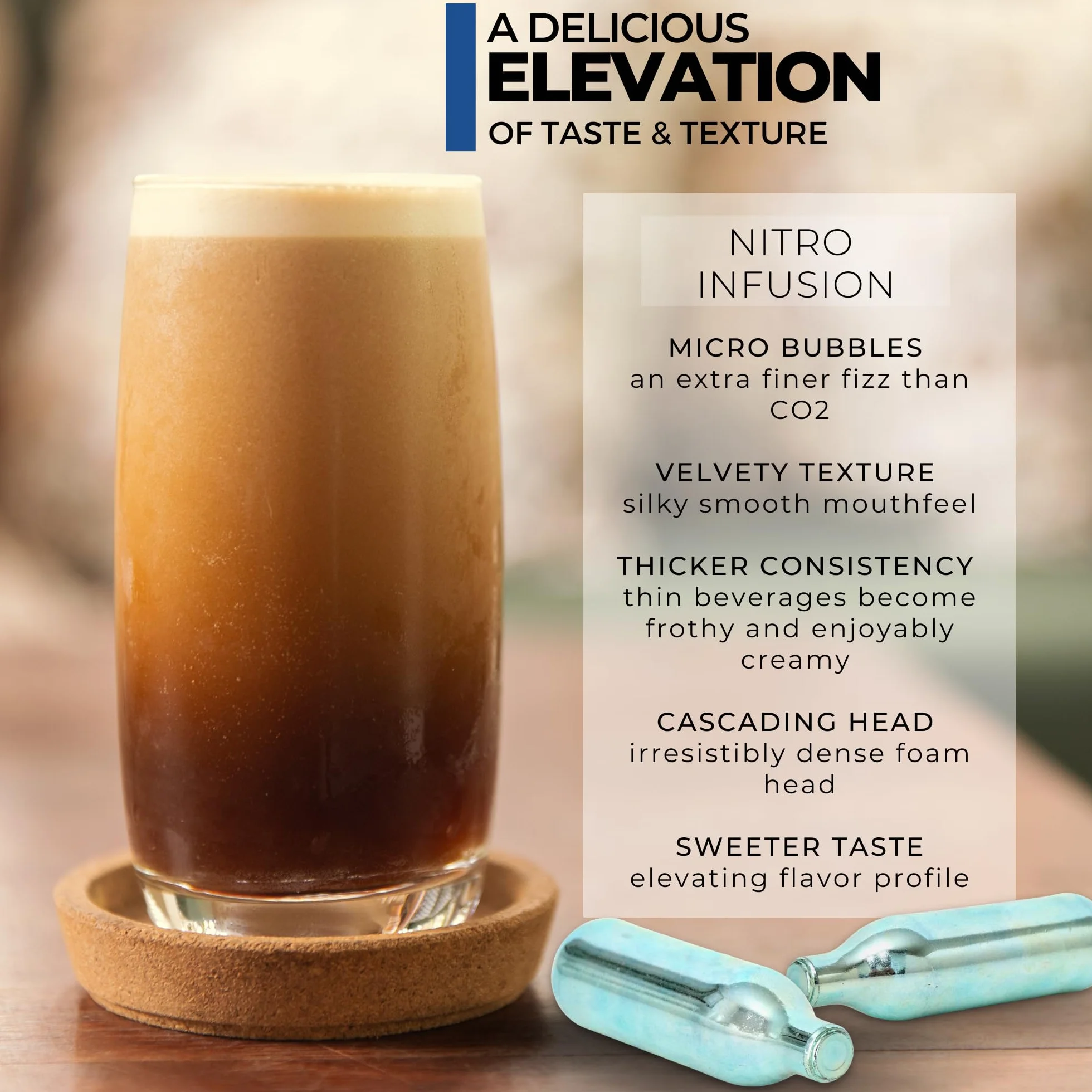 ICO Premium Wkłady Azotowe - 10 Szt Kartridże N2 do Nitro Cold Brew Kawy, Koktajli, Ciemnego Piwa i Herbaty - 2g Naboje Azotowe Spożywcze