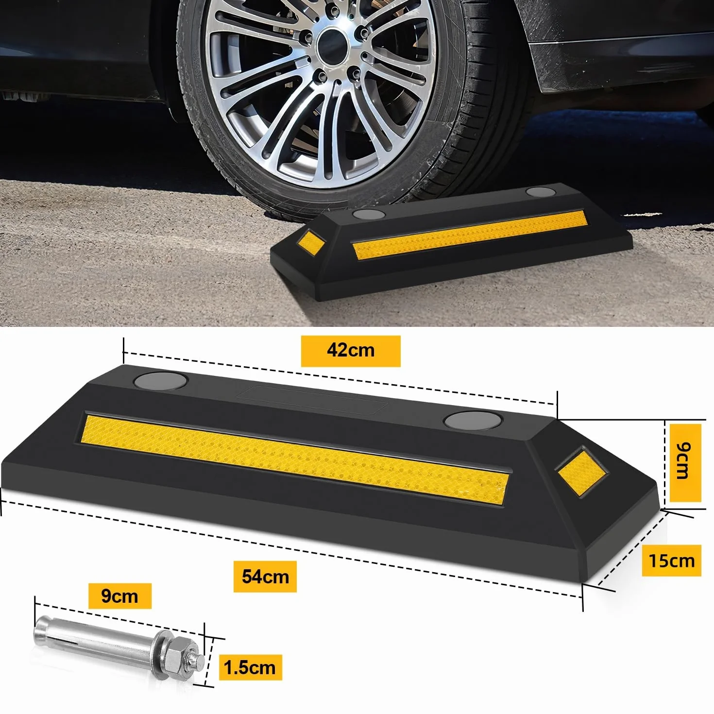 Sonnewelt 4 x gumowy stoper do kół, 54 x 15 x 10 cm, ogranicznik miejsca parkingowego, z żółtymi paskami odblaskowymi, stoper parkingowy ze śrubą rozszerzającą, blokada parkingu do parkingu, garażu,