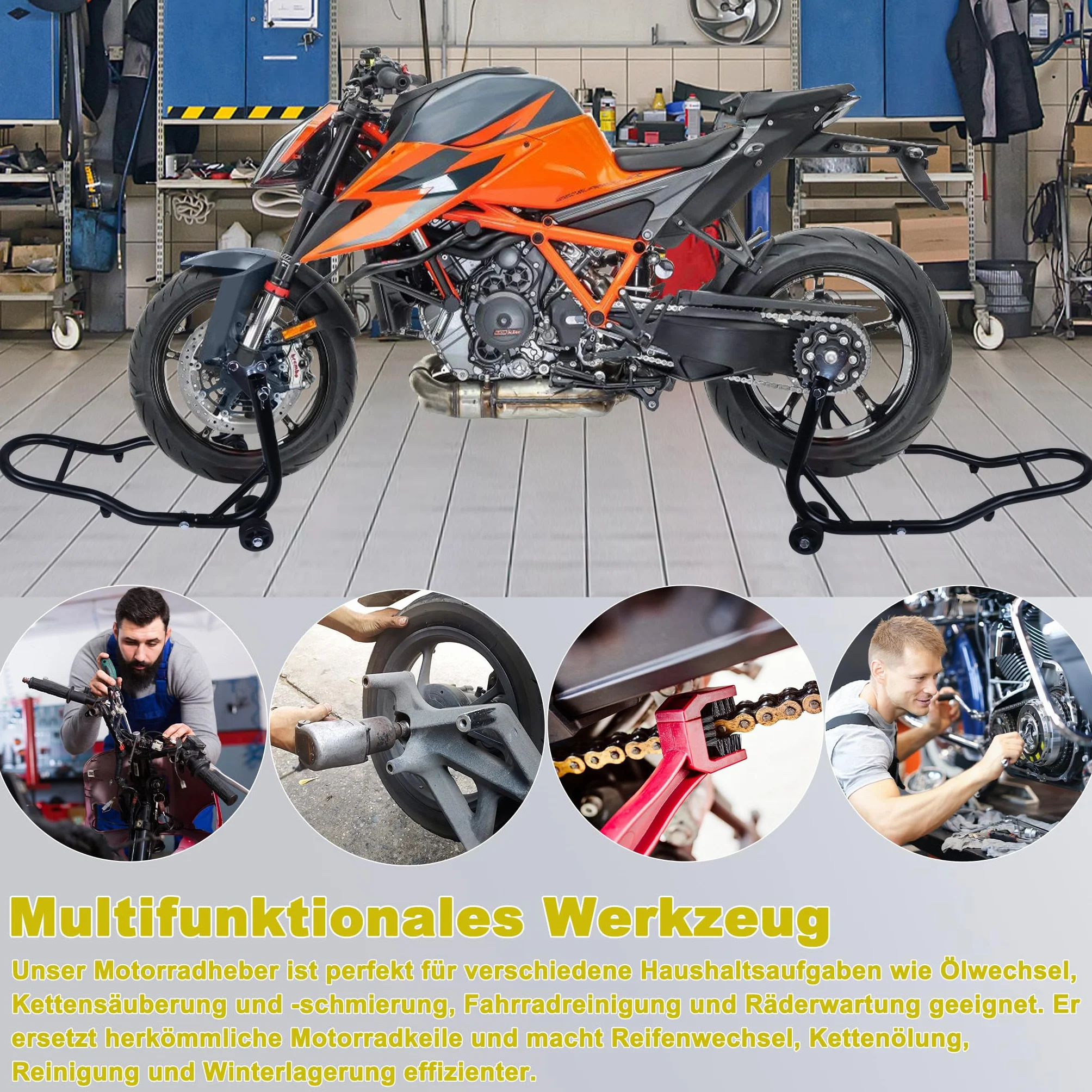 XMTECH 2 sztuki stojaków na motocykl z tyłu i z przodu, stojak do montażu motocykla, stojak na motocykl, zestaw z kółkami, czarny