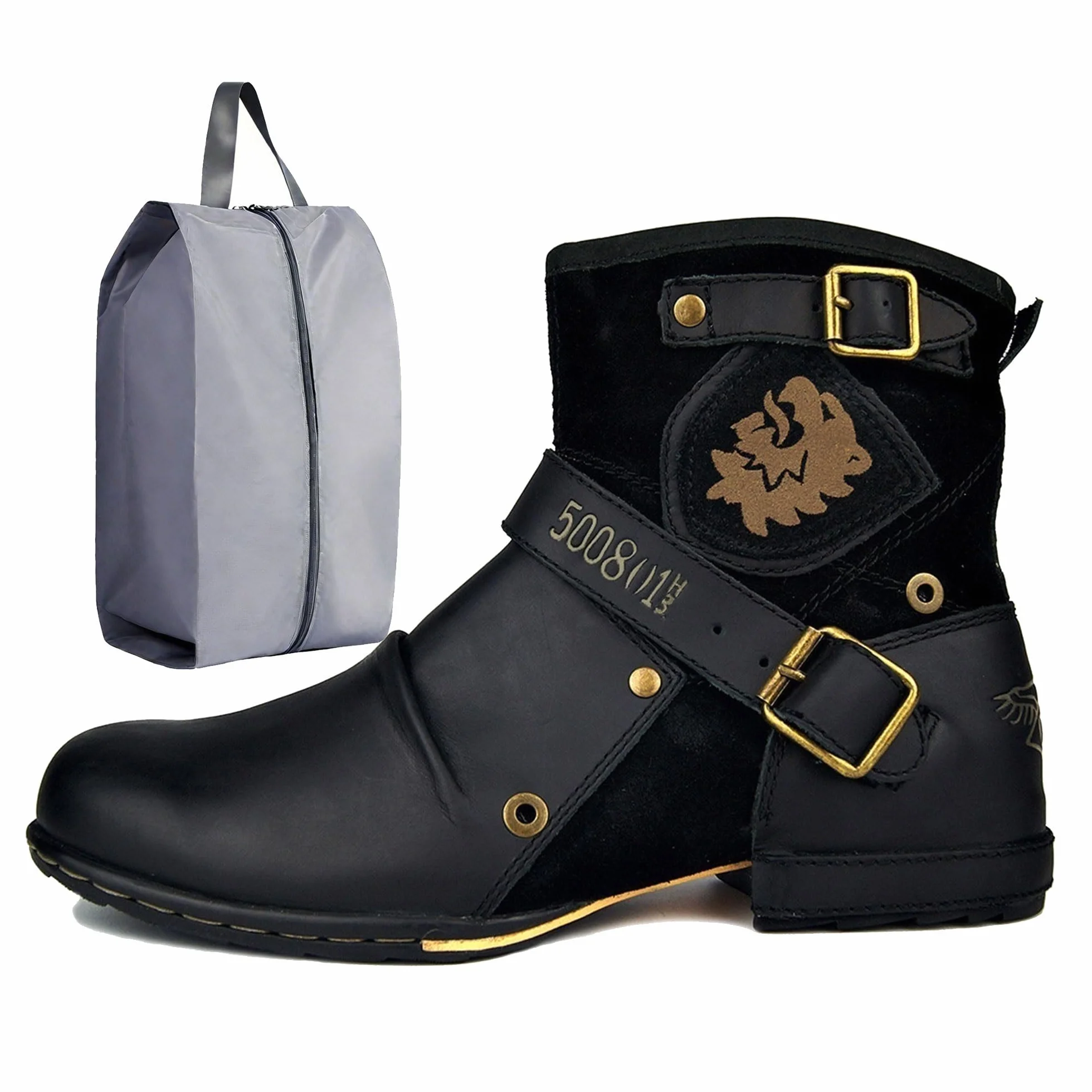 Buty Moto dla mężczyzn botki modne zapinane na zamek skórzane buty buty na co dzień wodoodporne buty motocyklowe zachodnie buty plus size (czarne, EU 43)