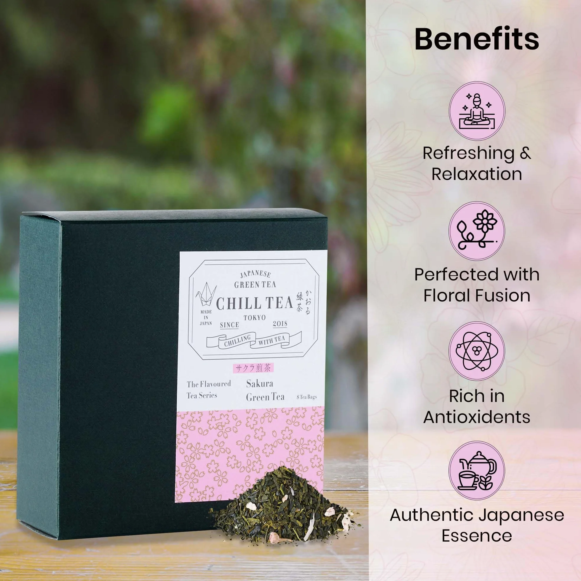 Herbata wiśniowa Sakura od CHILL TEA Tokio - 100% japońska herbata z kwiatów wiśni - bez plastikowych torebek - Pełny, owocowy, kwiatowy smak (8 torebek)