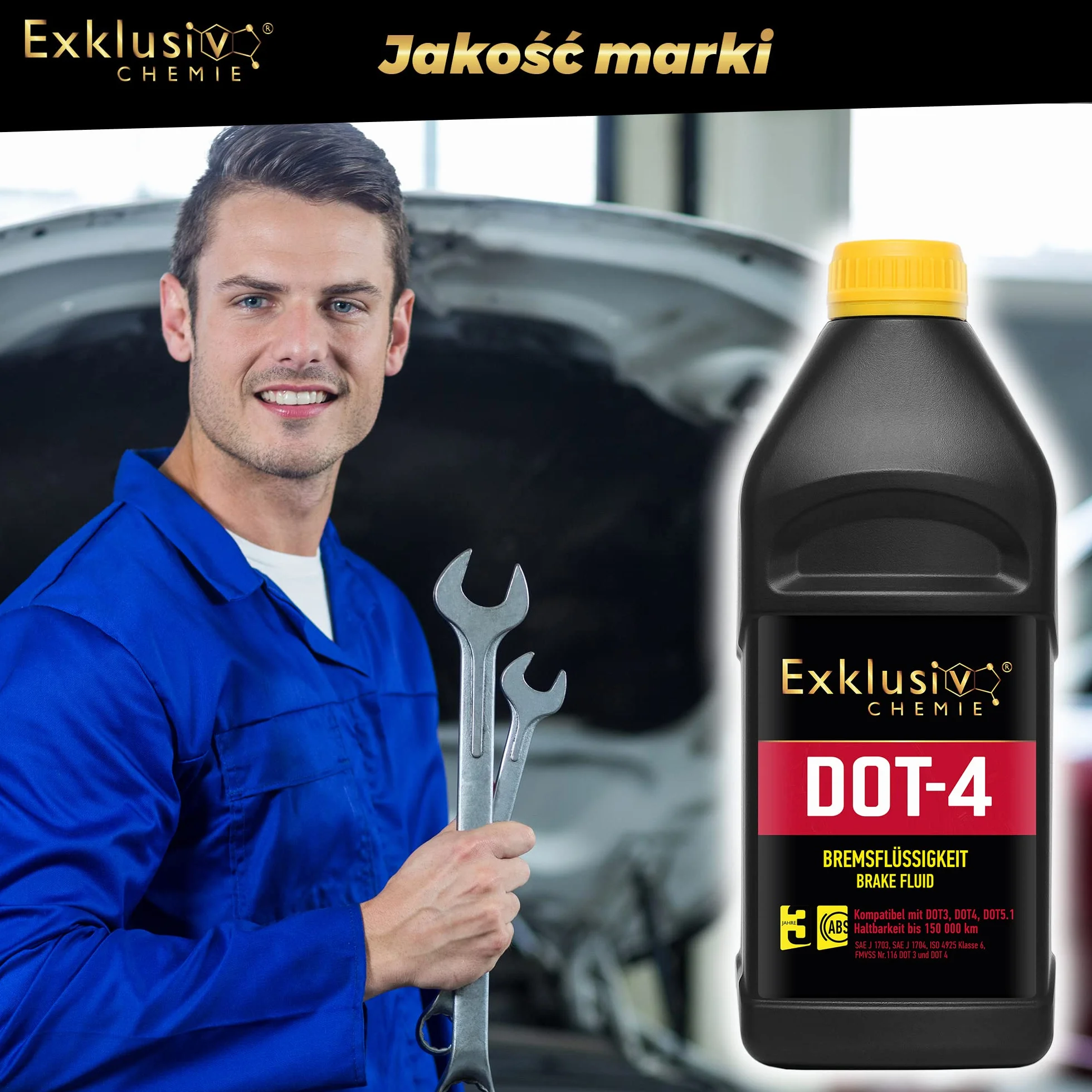 Exklusiv Chemie® Płyn hamulcowy DOT-4 | Do układów hamulcowych z ABS, TCS i ESP/DSC | Markowy płyn hamulcowy wysokiej jakości | Zoptymalizowana skuteczność hamulców | 1000ml