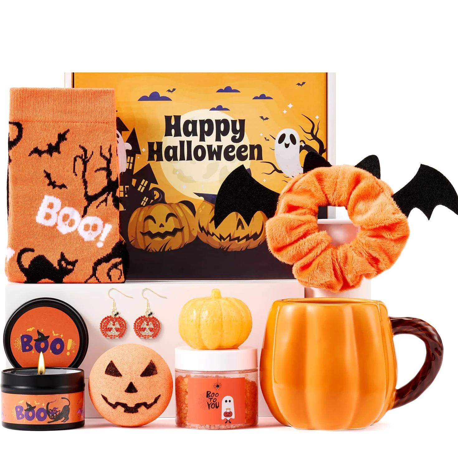 Boo Basket Prezenty dla kobiet, nastolatek, dziewcząt, wypełniacz do koszyka, dla nastolatków, dorosłych, z kubkiem z dynią, świeca zapachowa, skarpety na Halloween, prezent dla przyjaciół rodziny