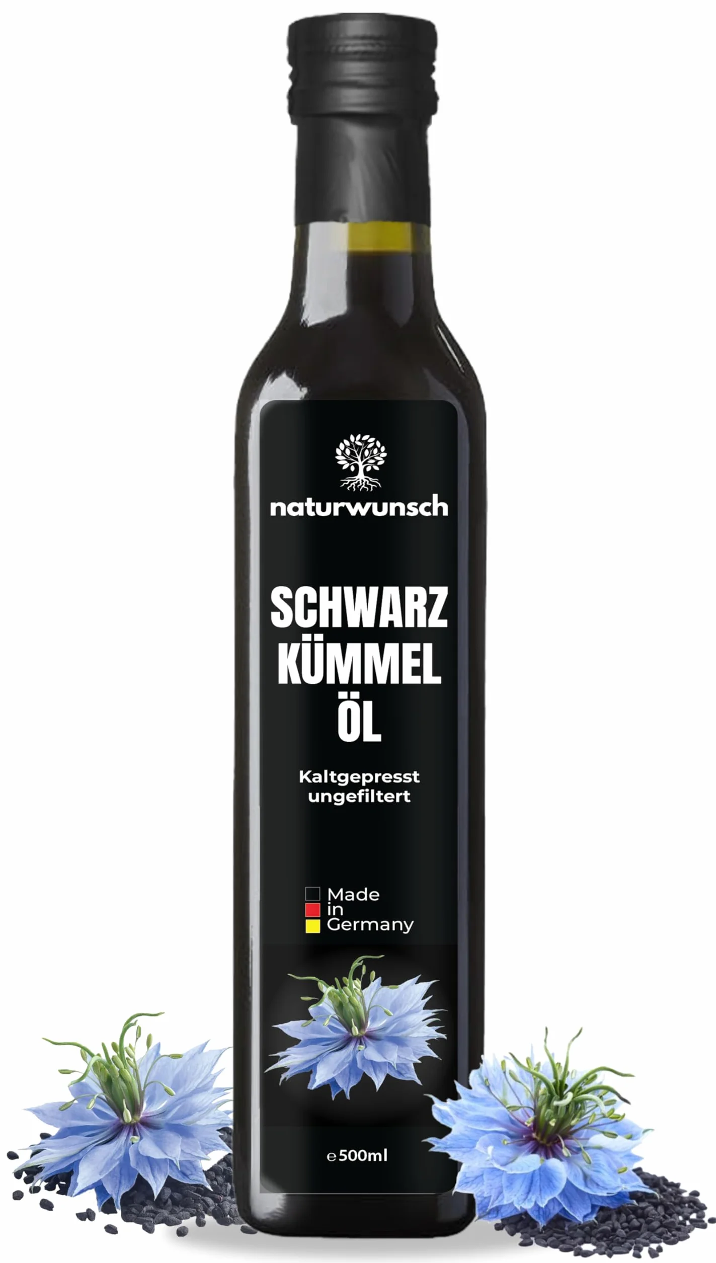 naturwunsch Olej z czarnuszki 500 ml, niefiltrowany, tłoczony na zimno, świeżo wyprodukowany w Niemczech – oryginalny Nigella Sativa