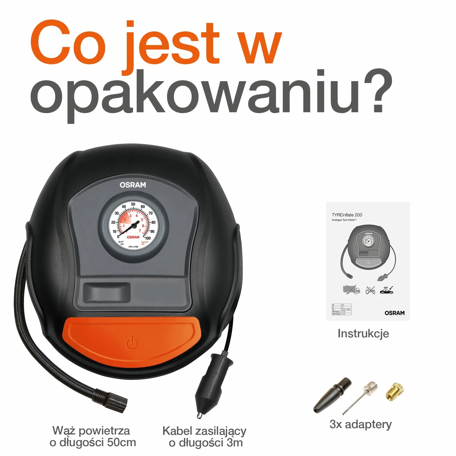 OSRAM TYRE inflate 200, Szybki kompresor do opon ze zwijanym kablem, OTI200, 11,1 V