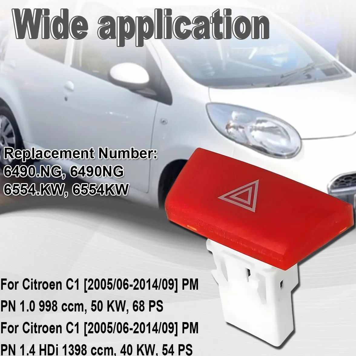 ZAMDOE 6490.NG Przełącznik ostrzegawczy o zagrożeniu do Citroen C1 [2005/06-2014/09], do Peugeot 107 [2005/06-2014/12] do Toyota Aygo Mk1 przełącznik ostrzegawczy sterujący światłem niebezpiecznym