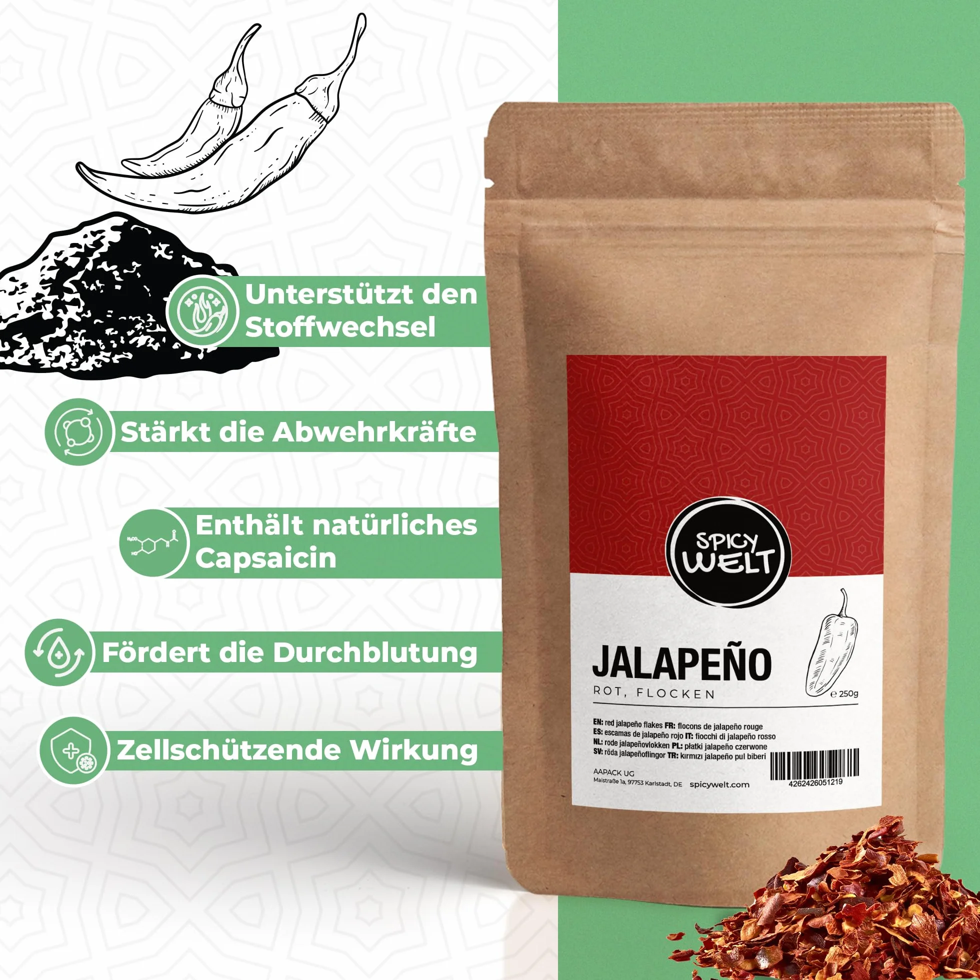 Spicy Welt Płatki Jalapeño Czerwone (250g) – Suszona Papryka w Płatkach do Pizzy, Tacos, Burgerów, Sałatek, Sosów i Dań Meksykańskich | Łagodny Słodki Smak | 100% Naturalne, Bez Dodatków