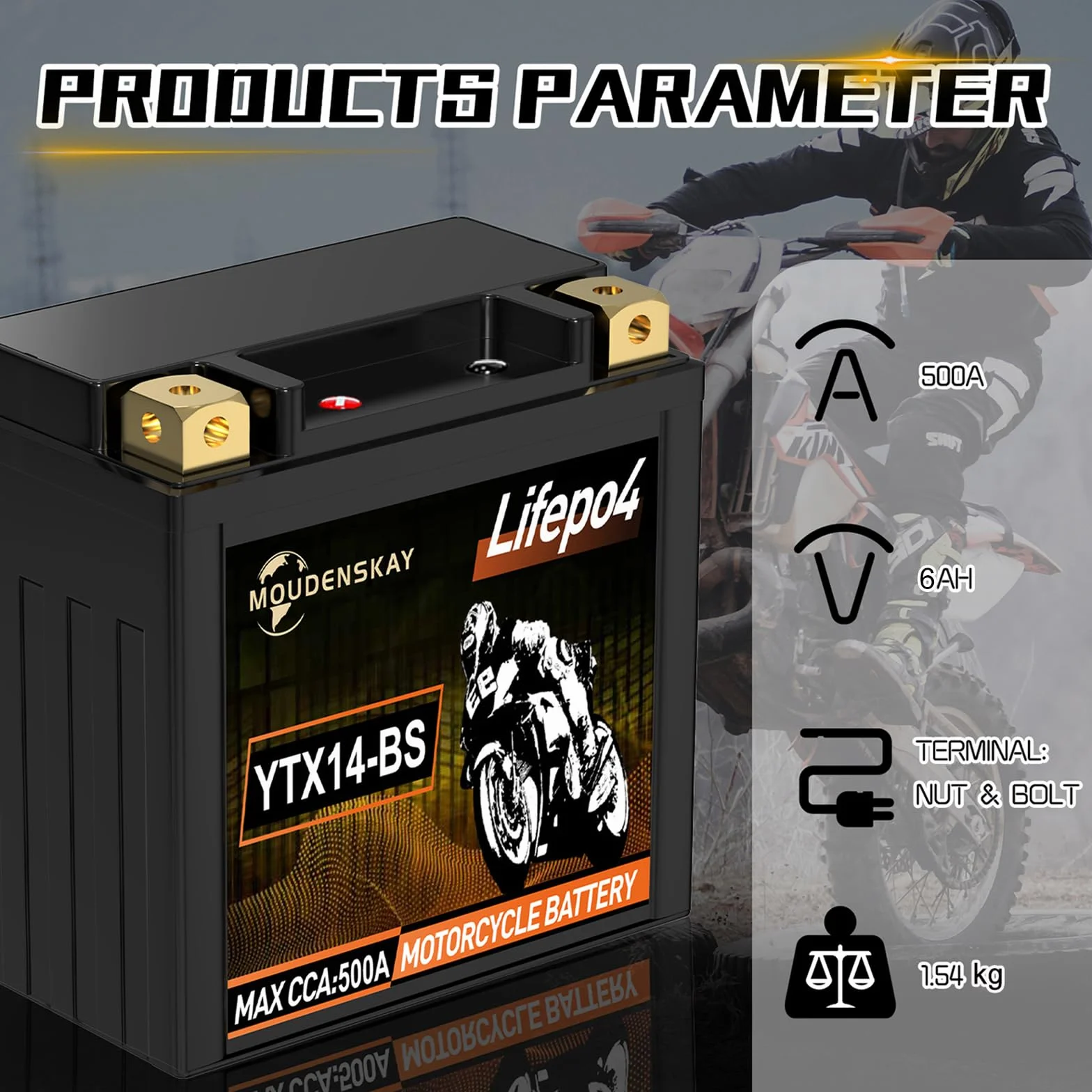 Akumulator litowy do motocykla 12V Akumulator litowy Powersports z BMS (YTX14-BS 500~600CCA 12.8V 6Ah) Akumulatory startowe LiFePO4 do motocykli, ATV, UTV, jednostek wodnych itp