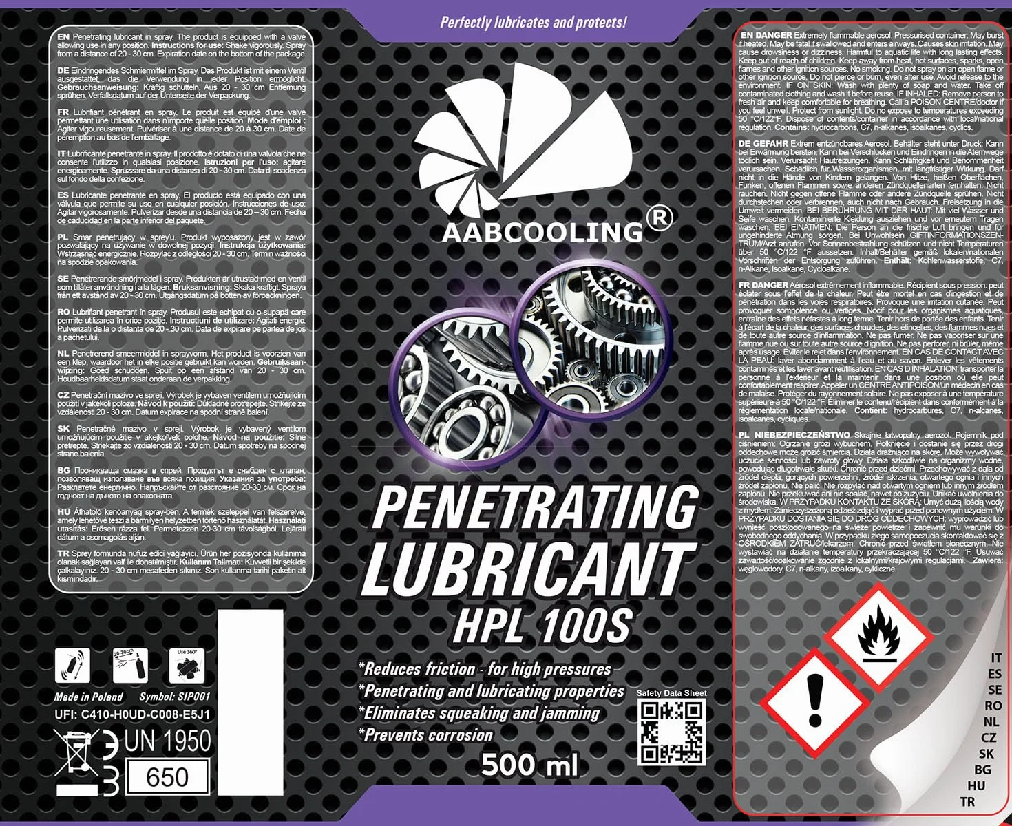 AABCOOLING HPL 100S Smar penetrujący w sprayu 500 ml – smar rolniczy do łańcuchów i przegubów, produkt wielofunkcyjny, do stosowania w ciągnikach i sprzęcie rolniczym, smar K8