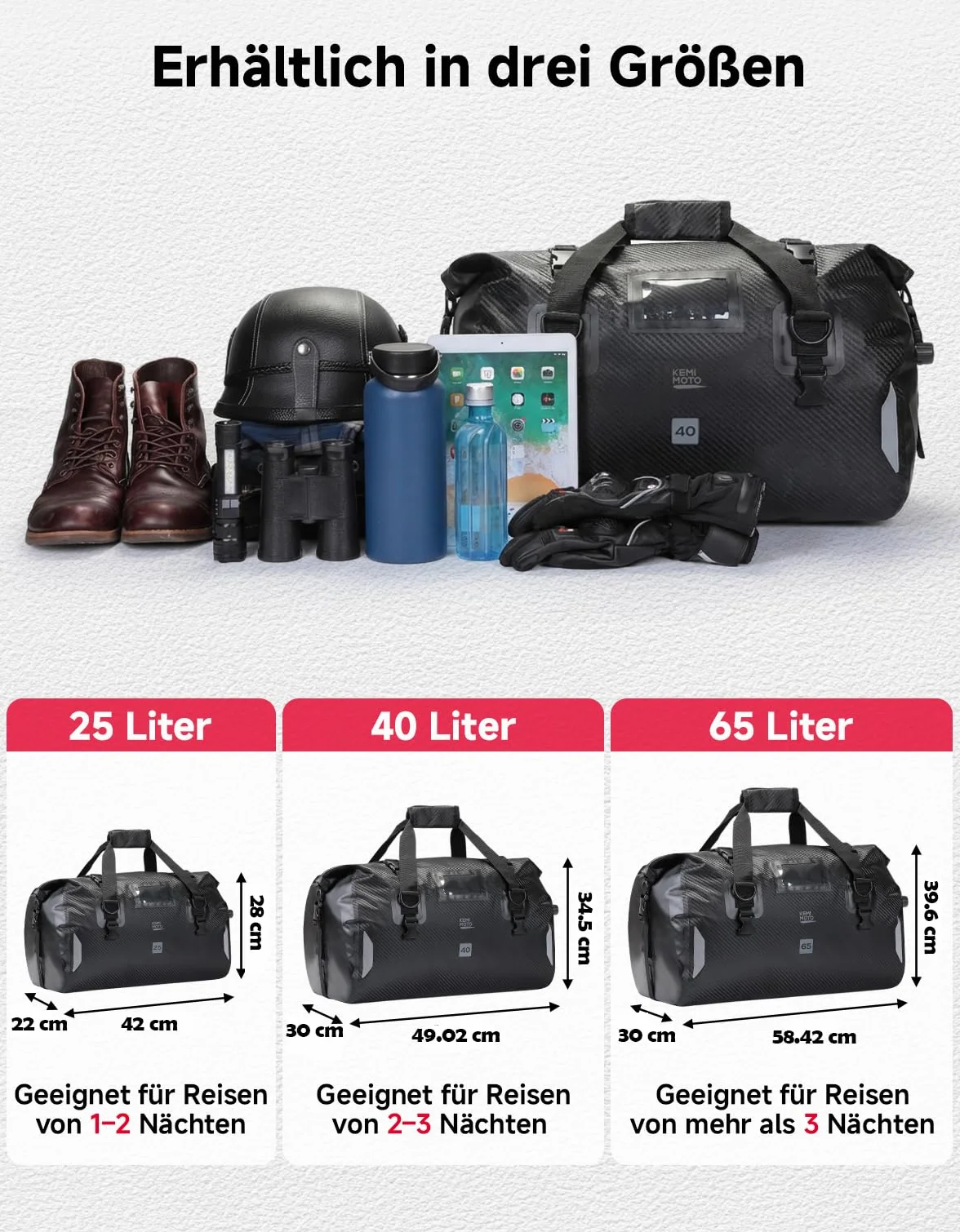 KEMIMOTO Torba motocyklowa, 40 l, wodoodporna tylna torba motocyklowa z paskiem na ramię, torba na siodełko motocyklowe z 4 pasami mocującymi do motocykli, jazdy na rowerze, kempingu, podróży
