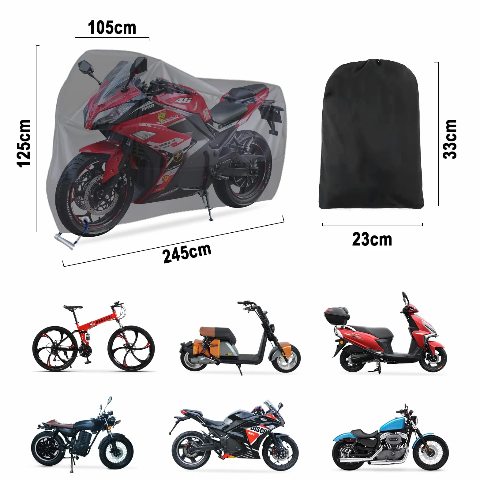 Plandeka motocyklowa, outdoorowa, odporna na zimę, tkanina Oxford 210D, wodoodporna, z otworem na klucz, na motorower, rower, lato, chroni przed promieniowaniem UV, deszczem, śniegiem, kurzem, 245 x