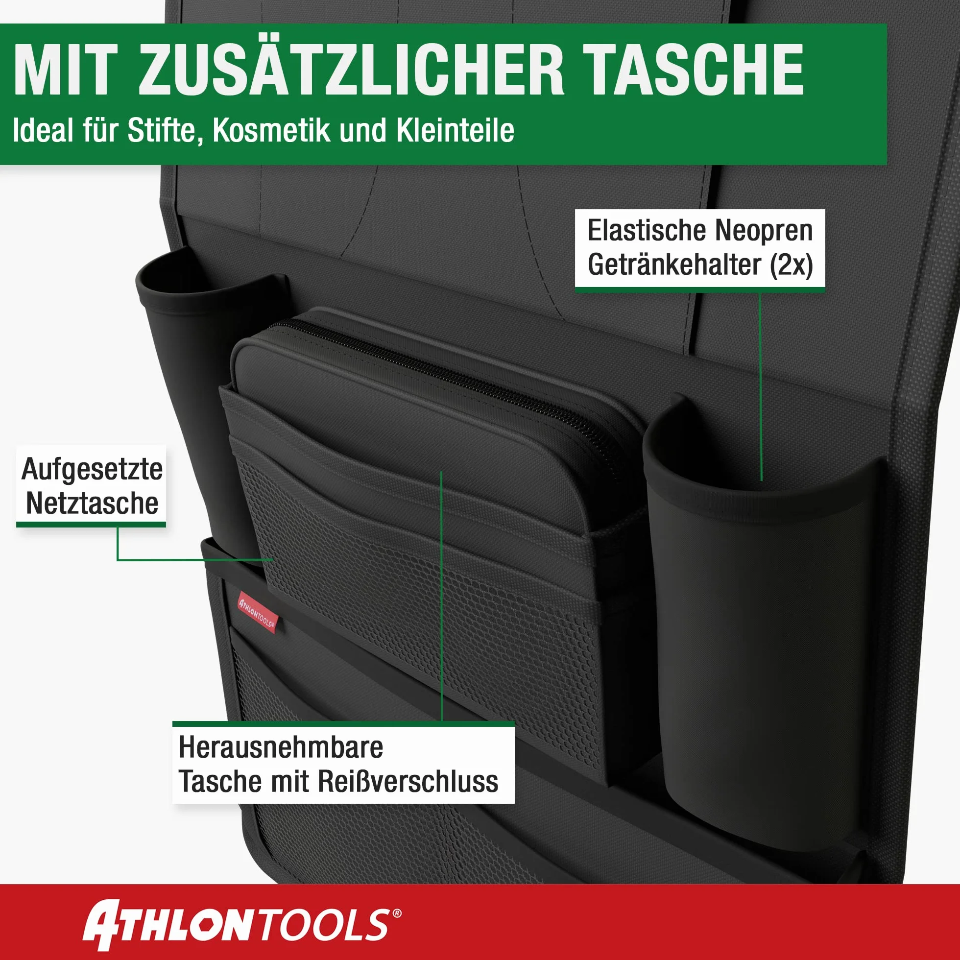 ATHLON TOOLS Organizer na fotel samochodowy ze zintegrowanym uchwytem na tablet, wzmocniony tył, z dodatkowym piórnikiem, biznesowy / dla dziec, zaprojektowany w Hamburgu (kolor czarny/zestaw 2 szt.)