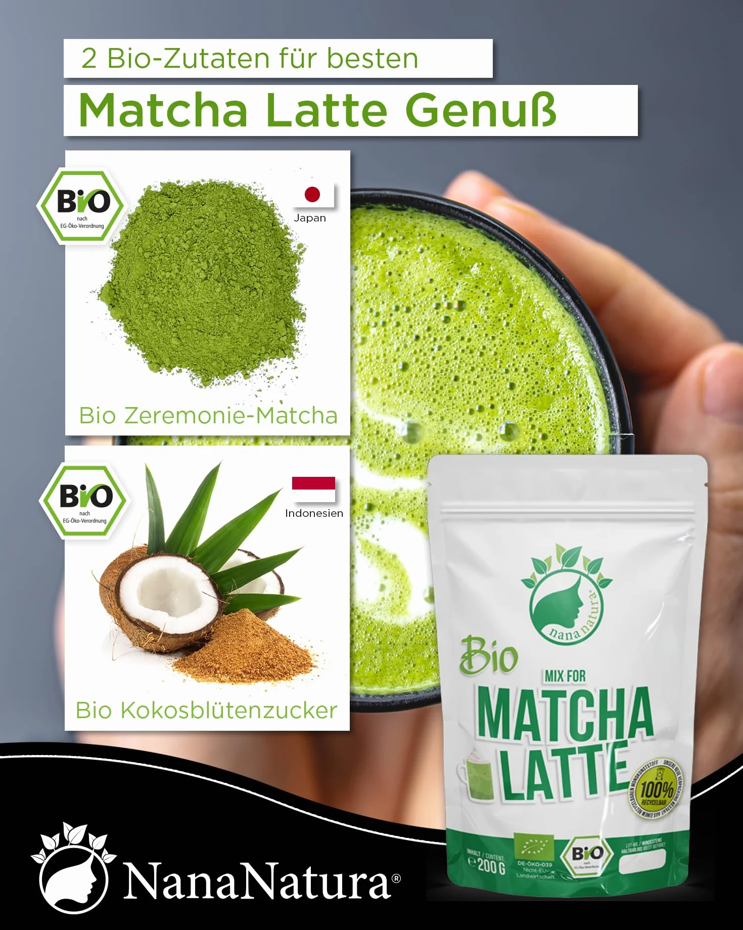 NanaNatura 's Bio Matcha Latte Mix z 22% japońską zieloną herbatą matcha w proszku i cukrem z kwiatami kokosowymi | zapewnia po prostu pyszną przyjemność z herbaty | również do lodów i wypieków
