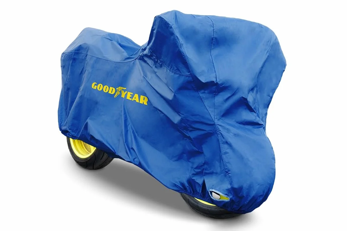 Goodyear Wytrzymały pokrowiec na motocykl Goodyear do przechowywania wewnątrz/na zewnątrz z otworem na kłódkę, rozmiar XL. Wymiary: 246 x 105 x 127 cm