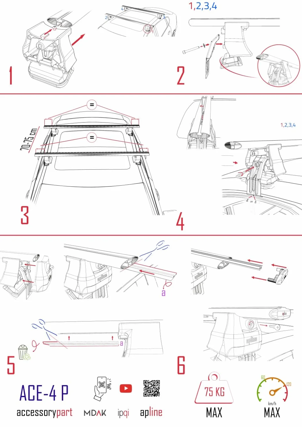 Kompatybilny z Opel/Vauxhall Crossland X 2017-2020 Bars ACE-4 Bagażnik Dachowy CZARNY