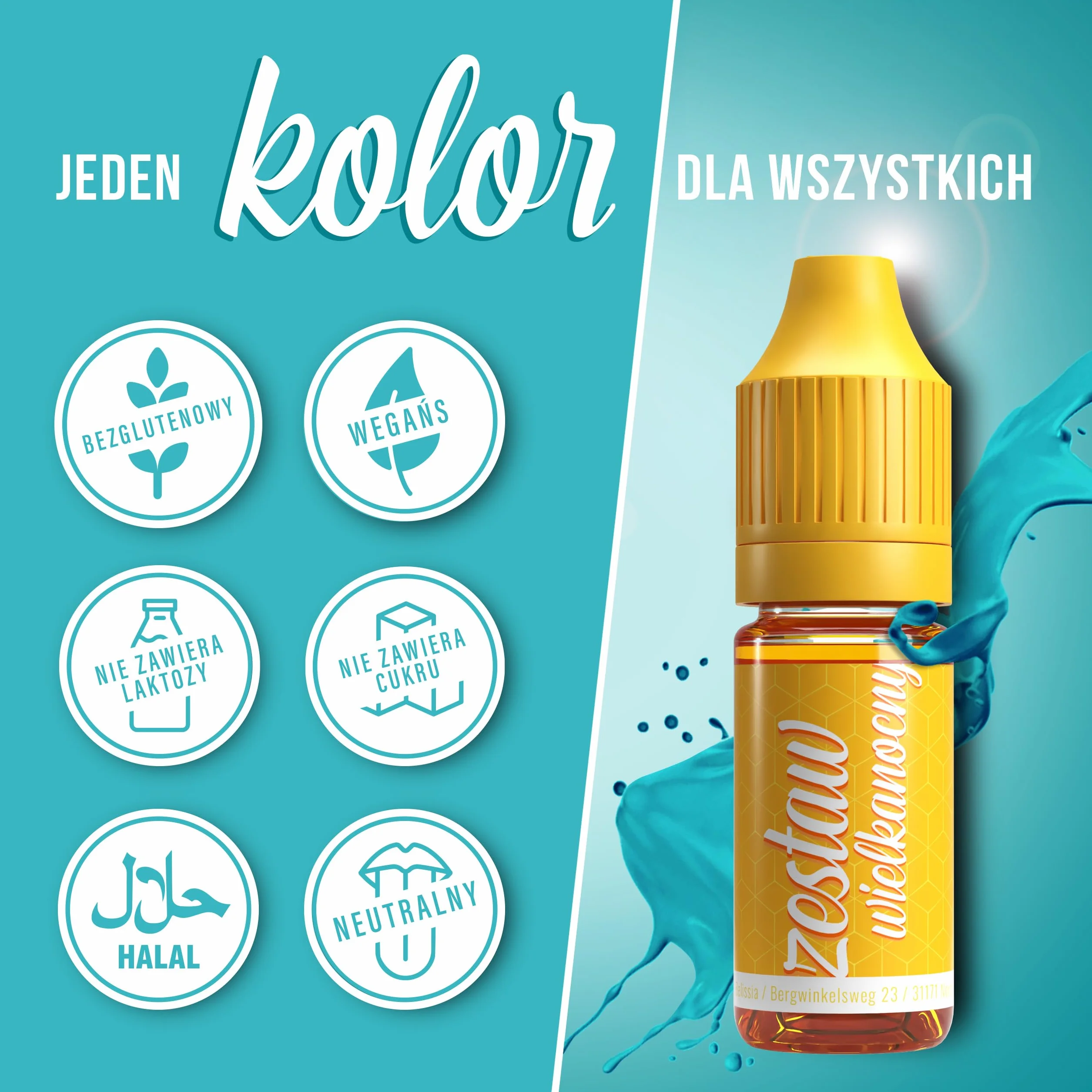 Zestaw barwników spożywczych Wielkanoc 7x10ml Wysoce skoncentrowany barwnik, Wyprodukowano w Niemczech bez cukru, płynny, do barwienia napojów, ciast, ciastek, polew, slime i wielu innych. Dekoracja ciast - akcesoria do pieczenia