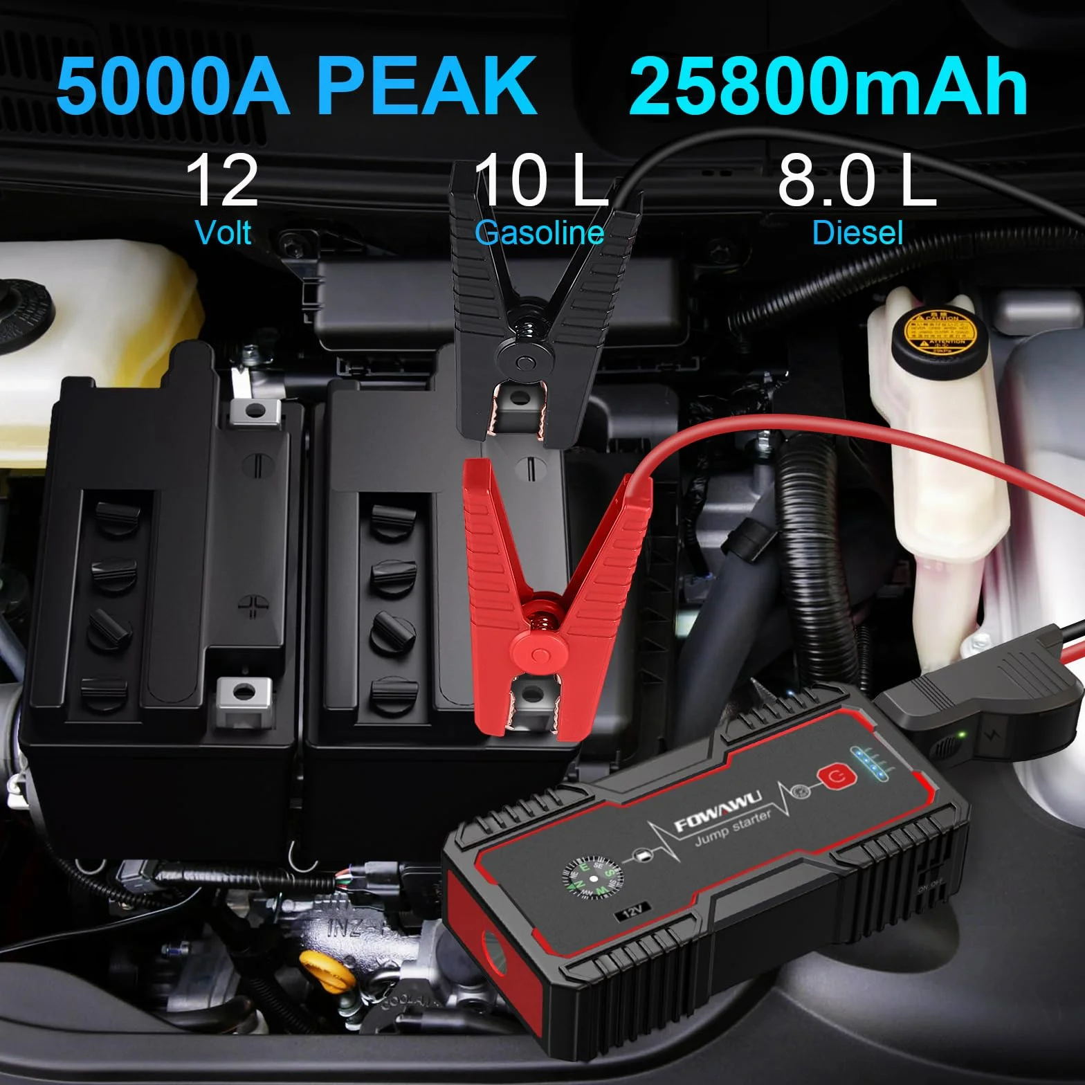 FOWAWU 5000A Peak 25800 mAh wodoodporny rozrusznik samochodowy (do 10 l gazu, 8 l silnik wysokoprężny) z wyświetlaczem LED mocy, USB 3.0 Quick Charge, przenośnym zasilaczem 12 V…
