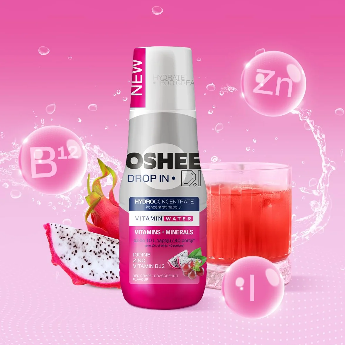 OSHEE DROP IN - Zestaw 9 x Hydrokoncentrat 500 ml - Czerwone Winogrono i Smoczy Owoc - Witaminy i Minerały - Bez Sztucznych Dodatków - Do 10 L Napoju