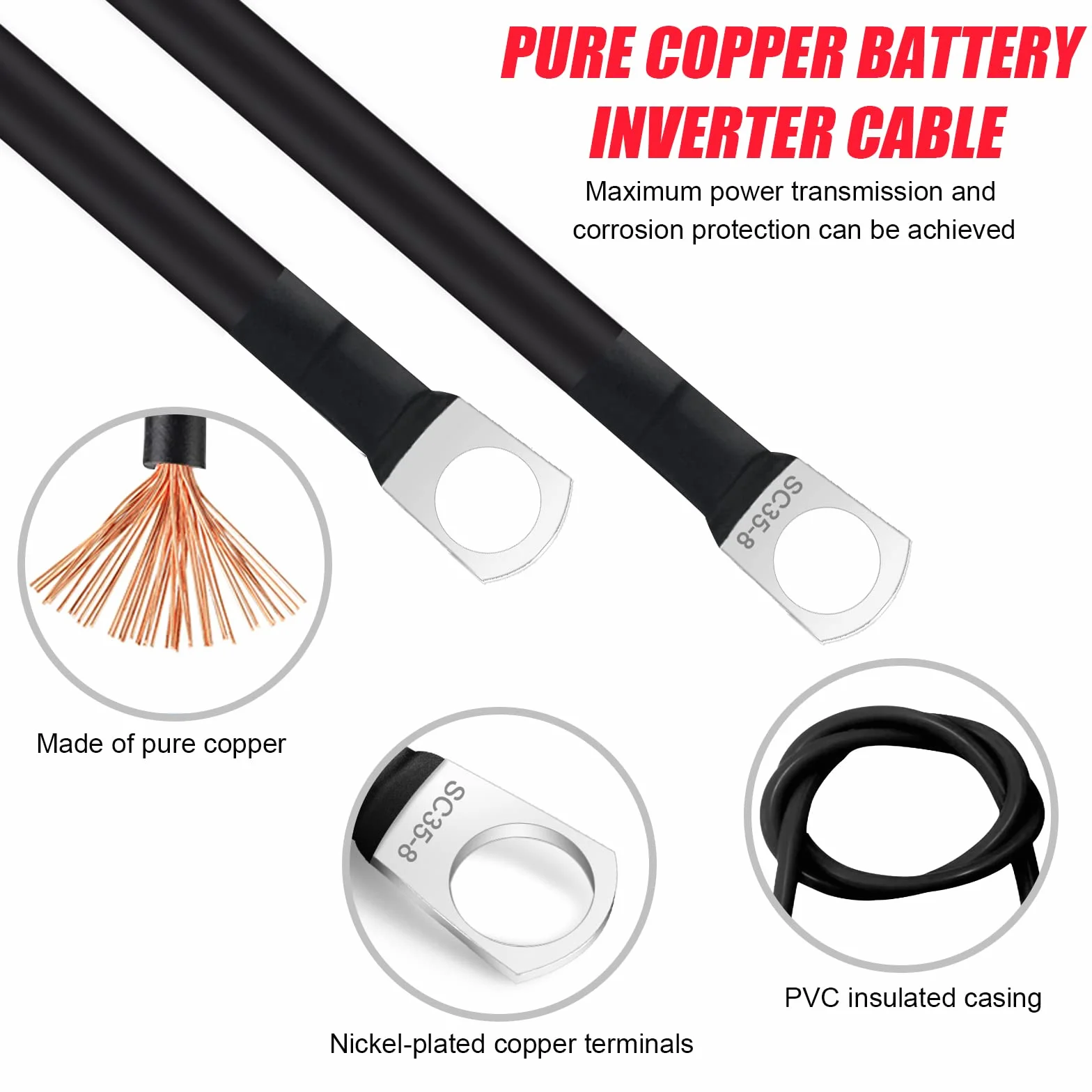 JatilEr 2 sztuki kabli do akumulatora M8 30 cm, kabel do akumulatora 12 V, kabel akumulatorowy 35 mm2 miedziany, kabel zasilający do mostkowania, kabel plus do akumulatora samochodowego z 2 oczkami