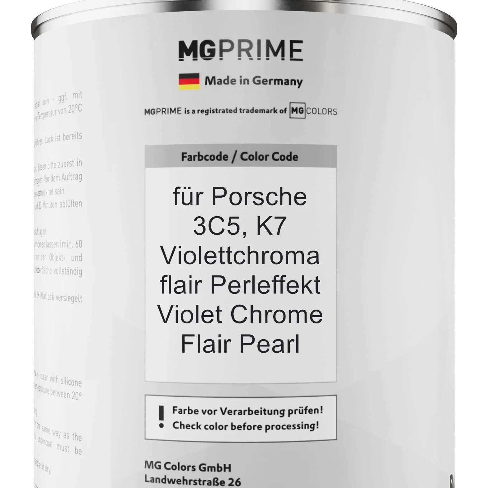 MG PRIME Lakier samochodowy Zestaw puszek dla Porsche 3C5 / K7 Violettchromaflair Perleffekt/Violet Chrome Flair Pearl Lakier bazowy 2K bezbarwny gotowy do natrysku 2,5L