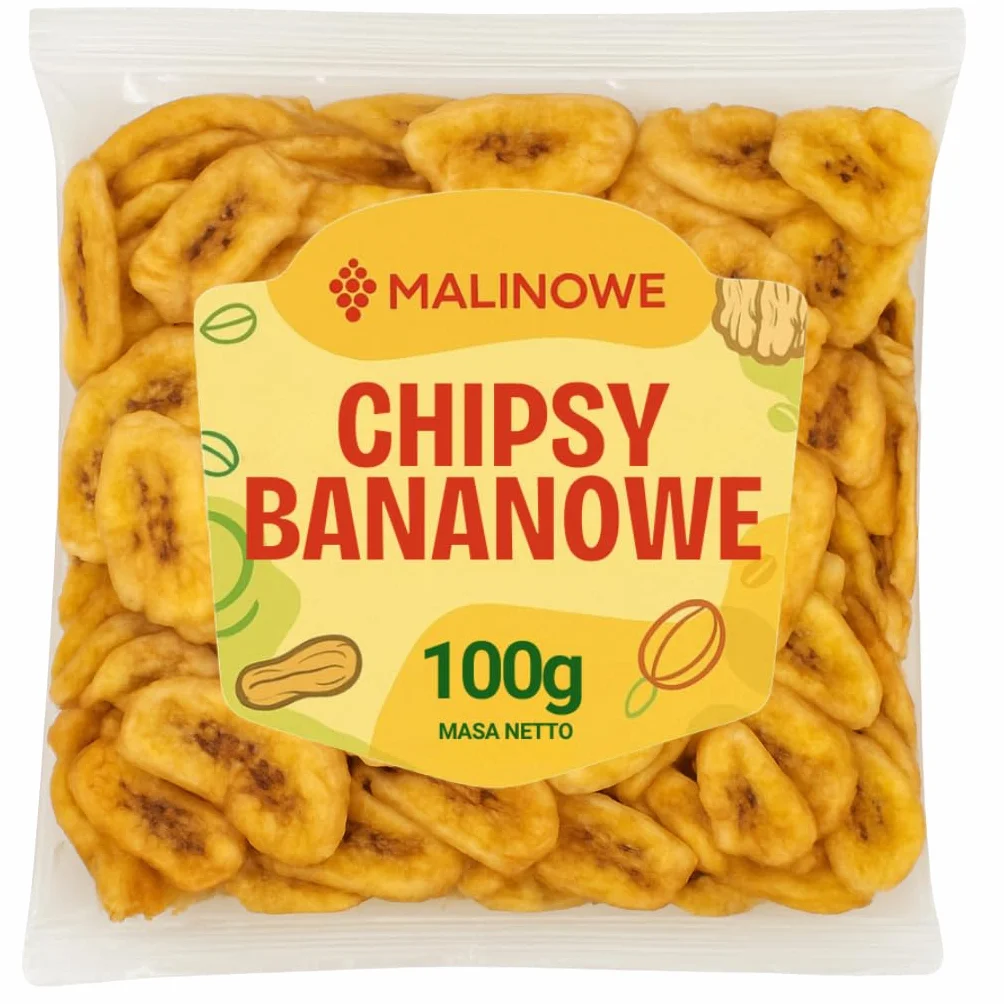 Malinowe CHIPSY BANANOWE SUSZONE 100g Banany Suszone Zdrowa Przekąska