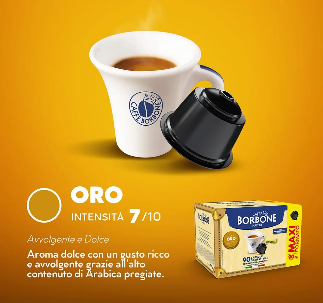 Caffè Borbone, Mieszanka Złota - 90 Kapsułki do Kawy (6 opakowań po 15 sztuk) - Kompatybilna z ekspresami do kawy Nescafé* Dolce Gusto*