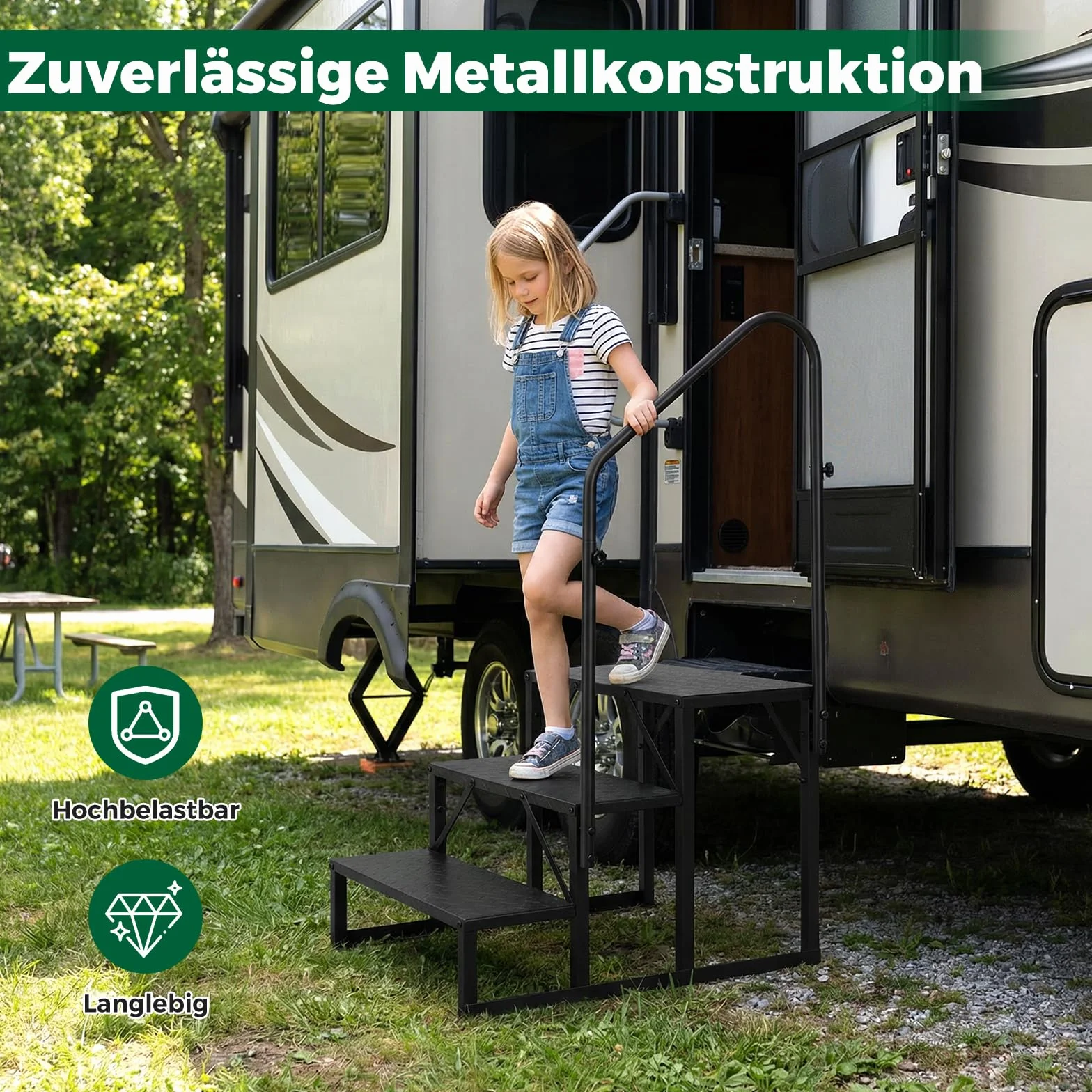 COSTWAY Stopnie do przyczepy kempingowej z poręczą, schody do kampera z szerokimi antypoślizgowymi platformami, drabinka 3 stopnie do przyczepy kempingowej, jacuzzi, spa, nośność 300 kg