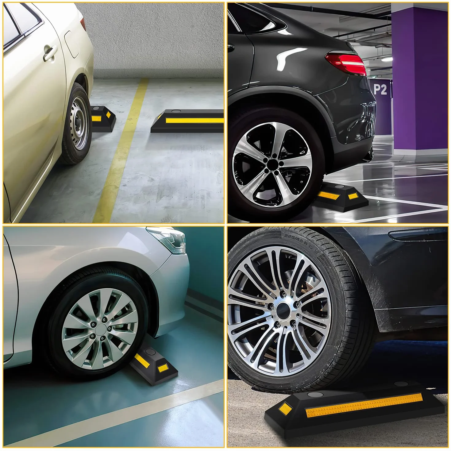 Sonnewelt 4 x gumowy stoper do kół, 54 x 15 x 10 cm, ogranicznik miejsca parkingowego, z żółtymi paskami odblaskowymi, stoper parkingowy ze śrubą rozszerzającą, blokada parkingu do parkingu, garażu,