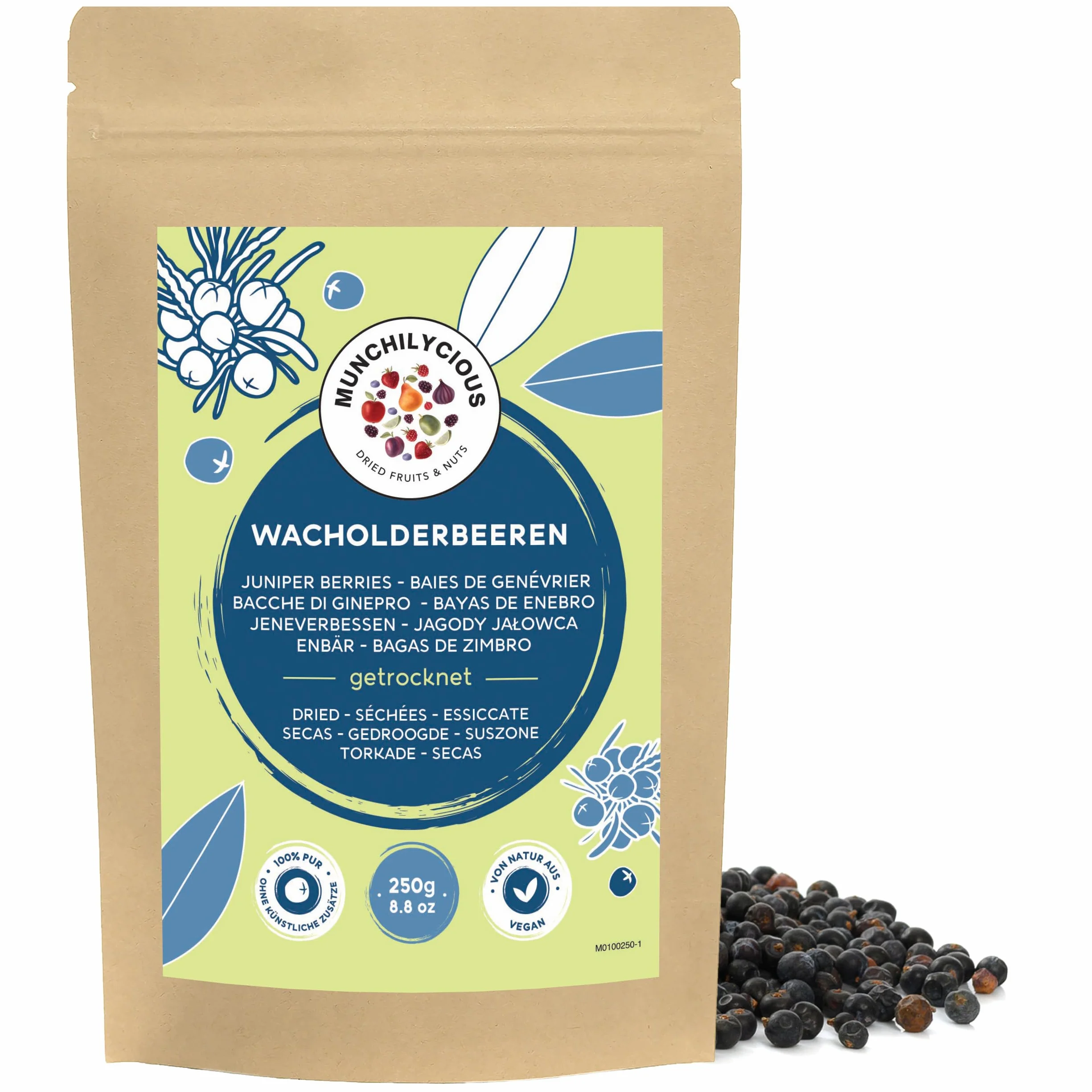 Jałowiec w całości (250 g), jałowiec w 100% czysty i naturalny, jałowiec bez cukru, jałowiec delikatnie suszony bez dodatków, wegański, bezglutenowy i bez laktozy