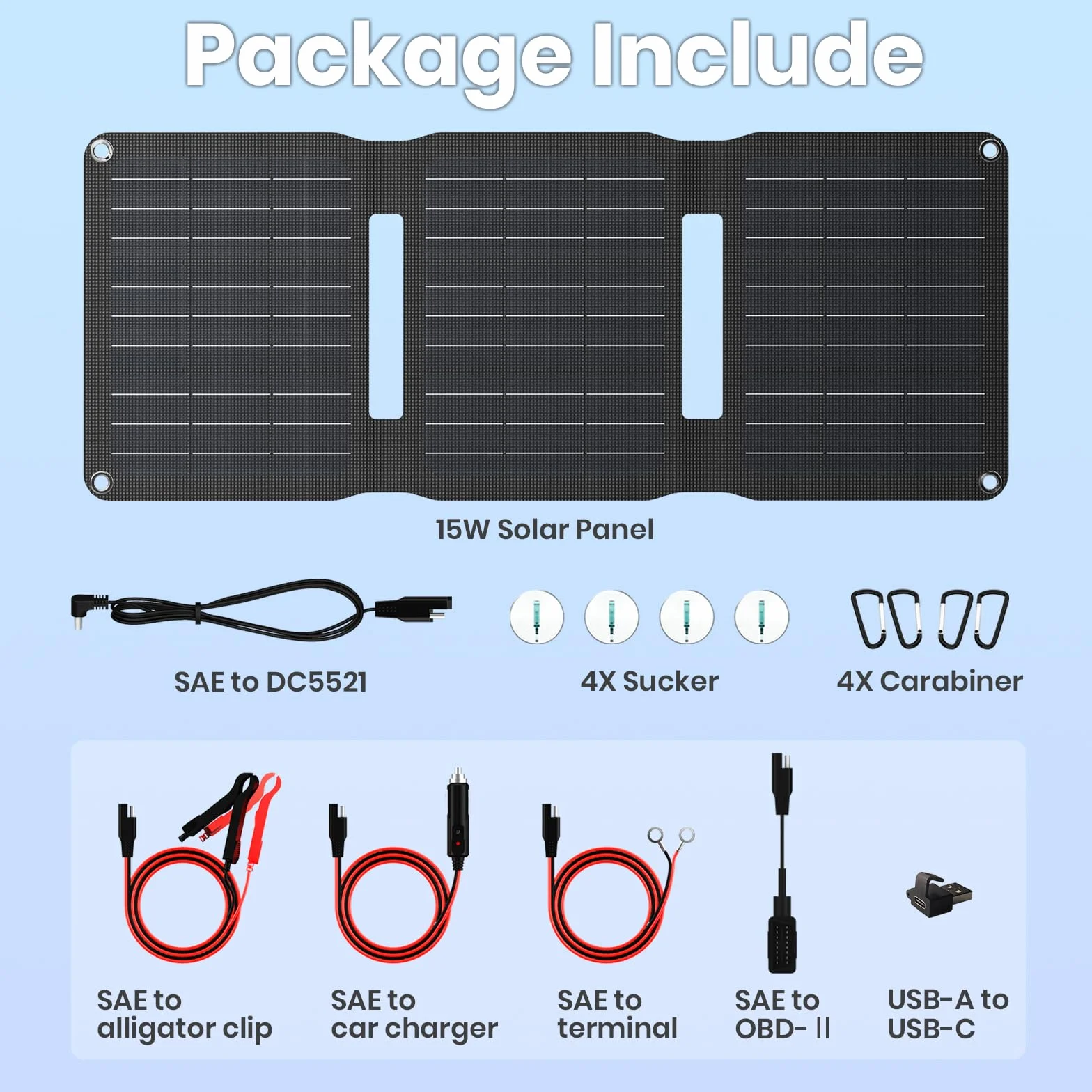 Flexsolar Solarna ładowarka do akumulatora samochodowego 15 W, moduł solarny, wodoszczelność IP67, przenośna ładowarka do akumulatora z kablem przyłączeniowym USB DC SAE do samochodu, łodzi, motocykla