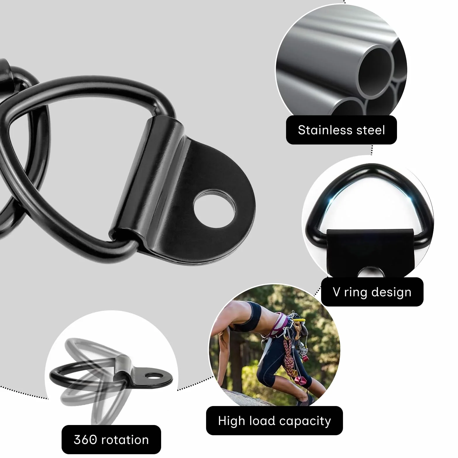 4 szt. Pierścień mocujący ze stali nierdzewnej 450 kg, czarny pierścień mocujący 85 x 62 mm, D-ring do przyczep, ciężarówek, łodzi, kajakarstwa