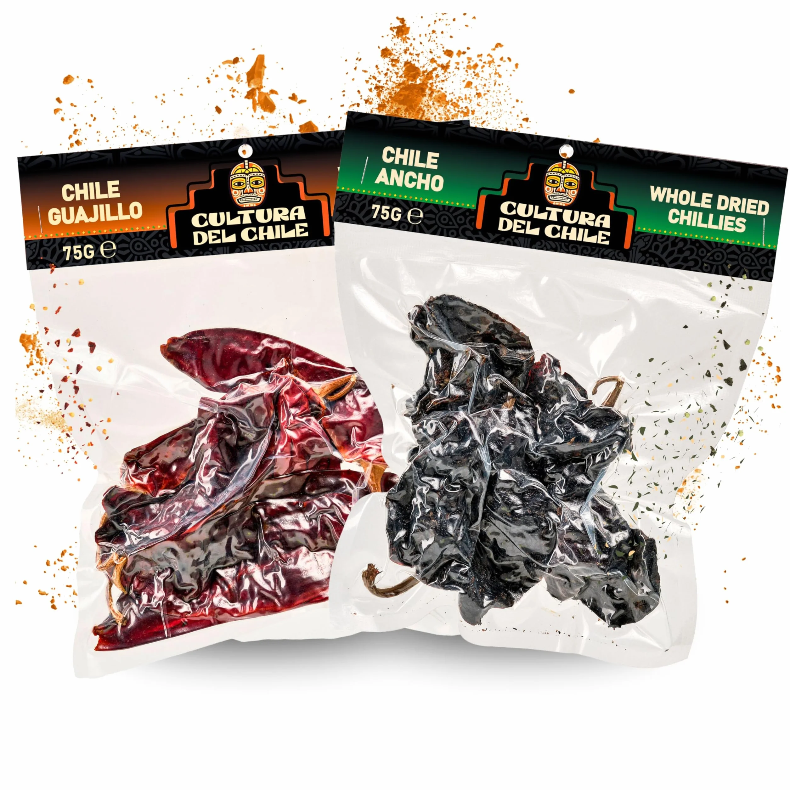 Pakiet całych meksykańskich suszonych papryczek chili. Guajillo 75 g i Ancho 75 g (łącznie 150 g), całkowicie naturalne, lekkie do średniego ciepła dla autentycznego meksykańskiego smaku. Idealny do