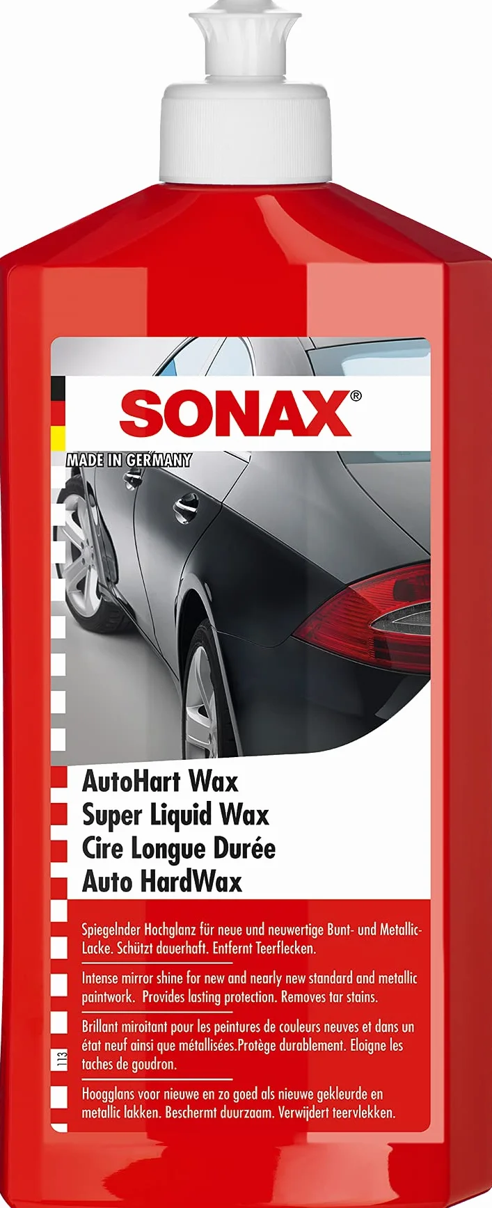 SONAX Super płynny wosk (500 ml) – intensywny połysk lustrzany. Intensyfikuje kolory, zapewnia trwałą ochronę. Usuwa plamy ze smoły. | Nr artykułu 03012000-810, czerwony