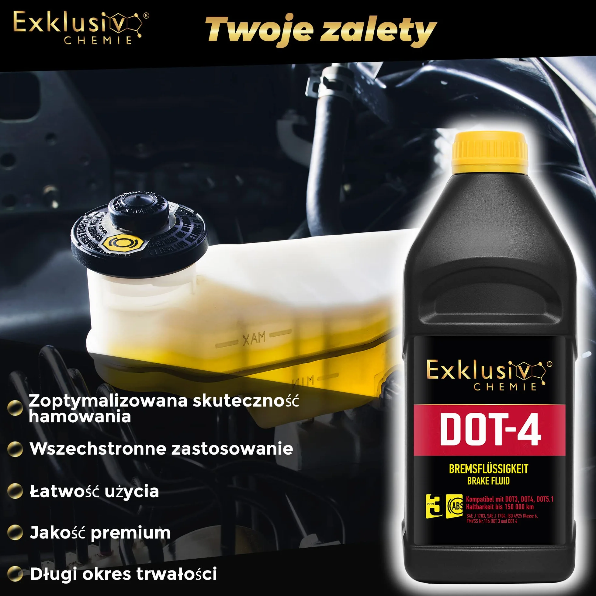 Exklusiv Chemie® Płyn hamulcowy DOT-4 | Do układów hamulcowych z ABS, TCS i ESP/DSC | Markowy płyn hamulcowy wysokiej jakości | Zoptymalizowana skuteczność hamulców | 1000ml
