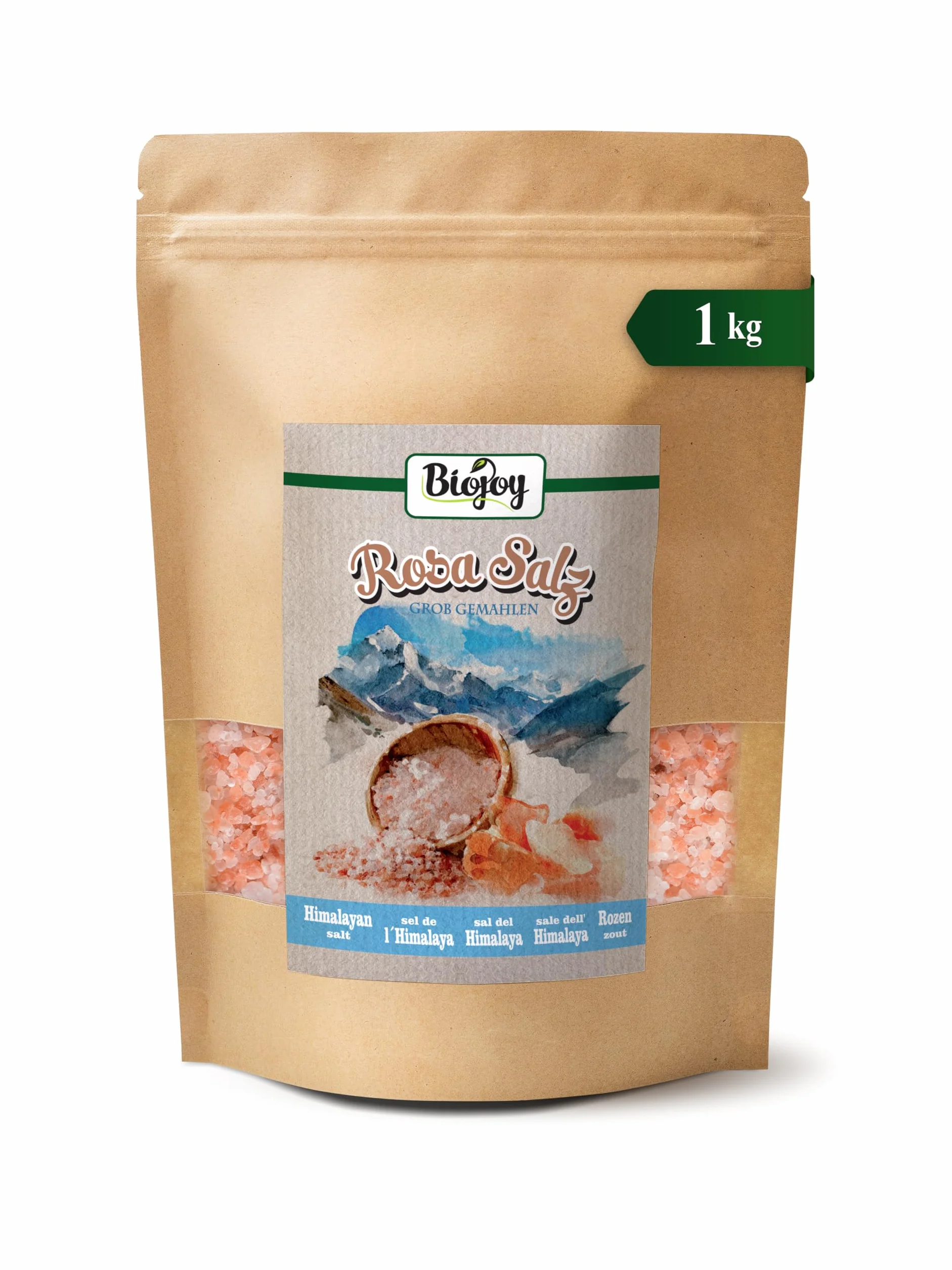 Biojoy Różowa sól (1 kg) gruboziarnista 2-5 mm do młynków do soli, znana jako sól himalajska, Salt Range Pakistan
